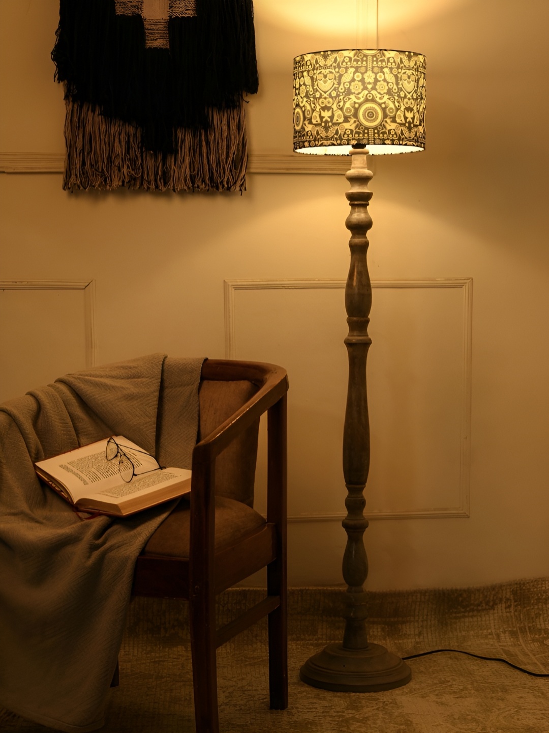 

green girgit Grey & Brown Printed Wooden Cylinder Shaped Floor Lamp