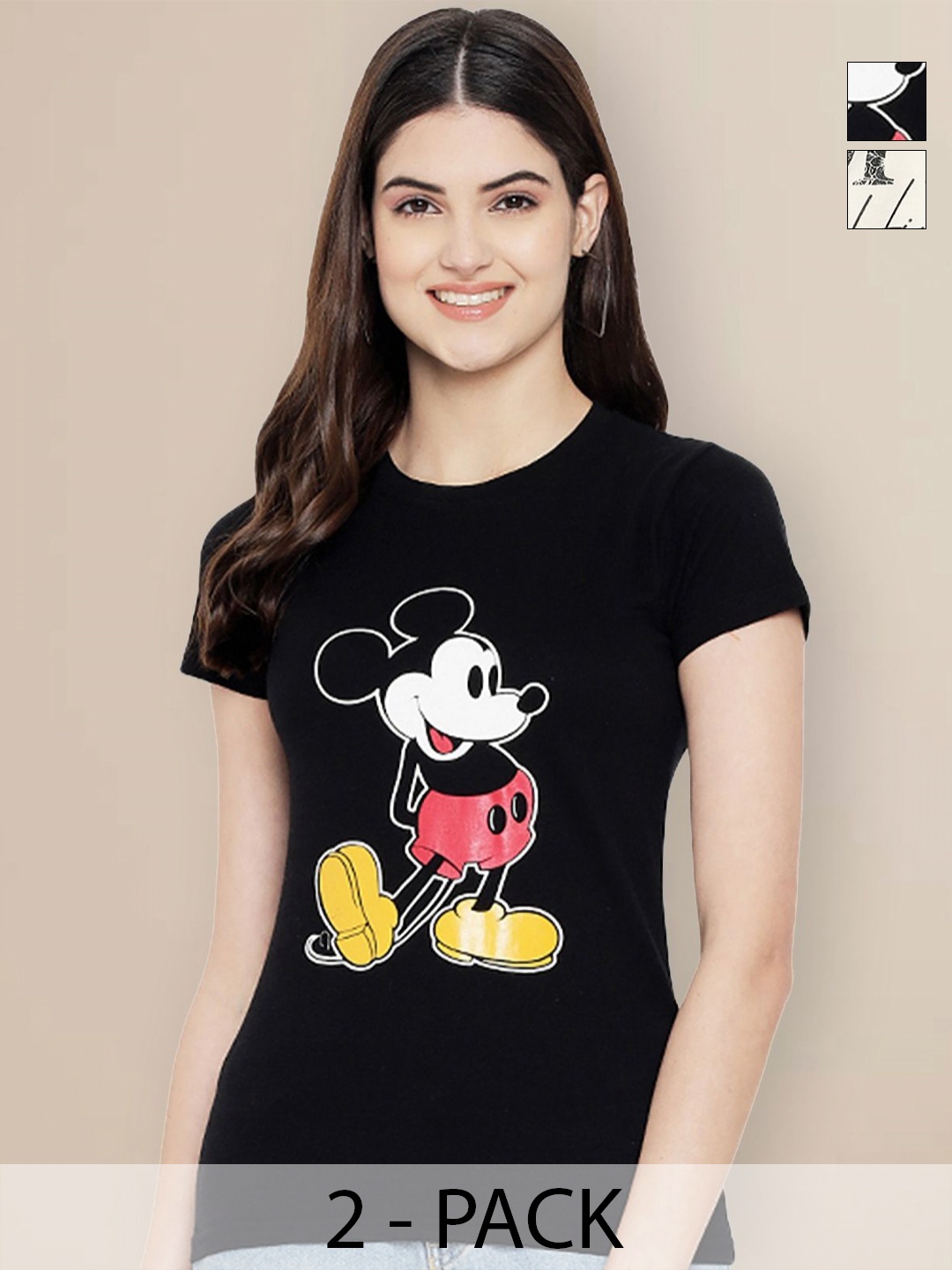 

GLOBAL NOMAD Women Pack of 2 Mickey Mouse Typography Printed Round Neck Cotton T-shirts, Black