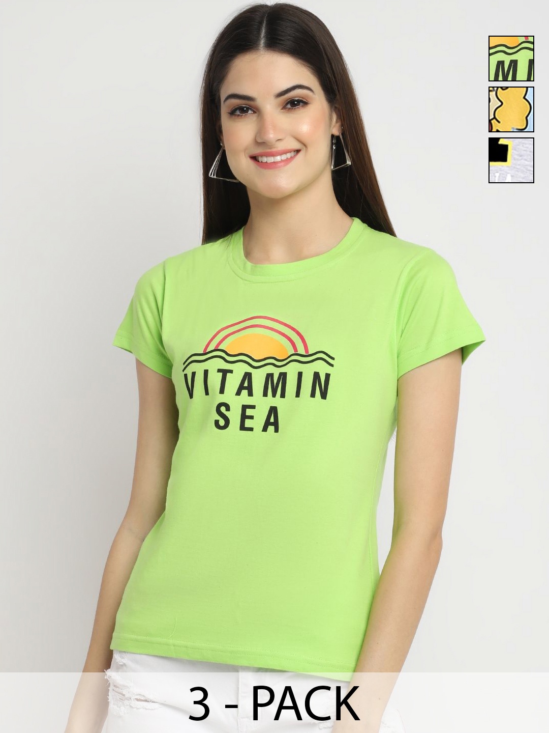 

Dreambe Women Pack of 3 Typography Printed Round Neck Cotton T-shirts, Green