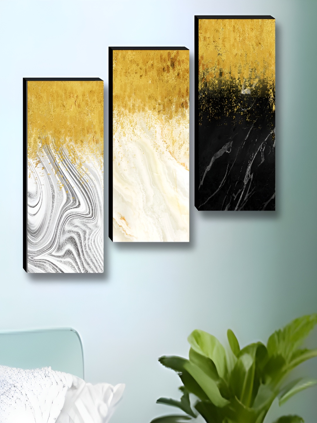 

Myntra Elegant Homes Grey & Gold-Toned 3 Piece Wood Abstract Wall Paintings