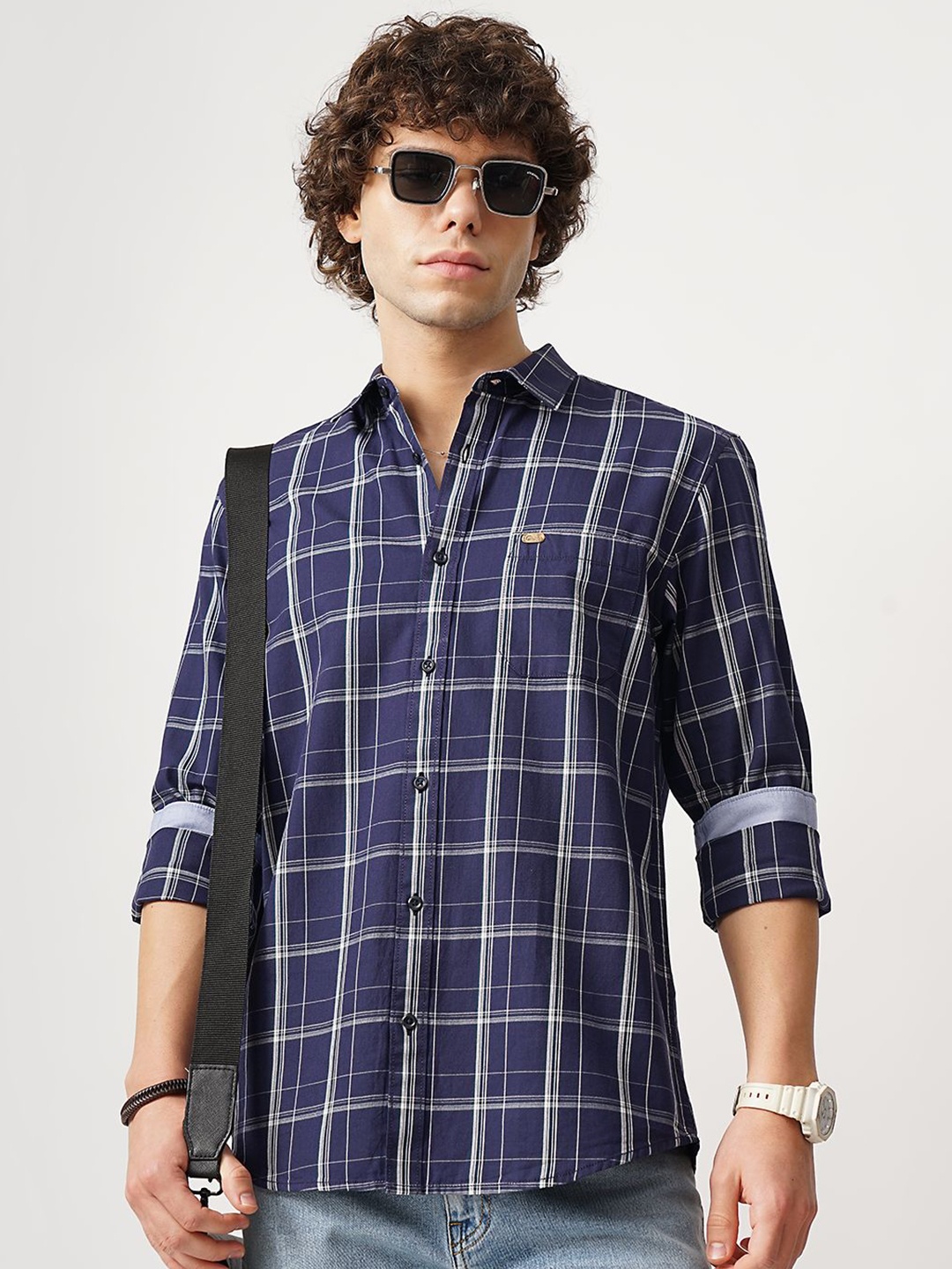 

Genoa Men Classic Slim Fit Windowpane Checks Opaque Checked Casual Shirt, Navy blue