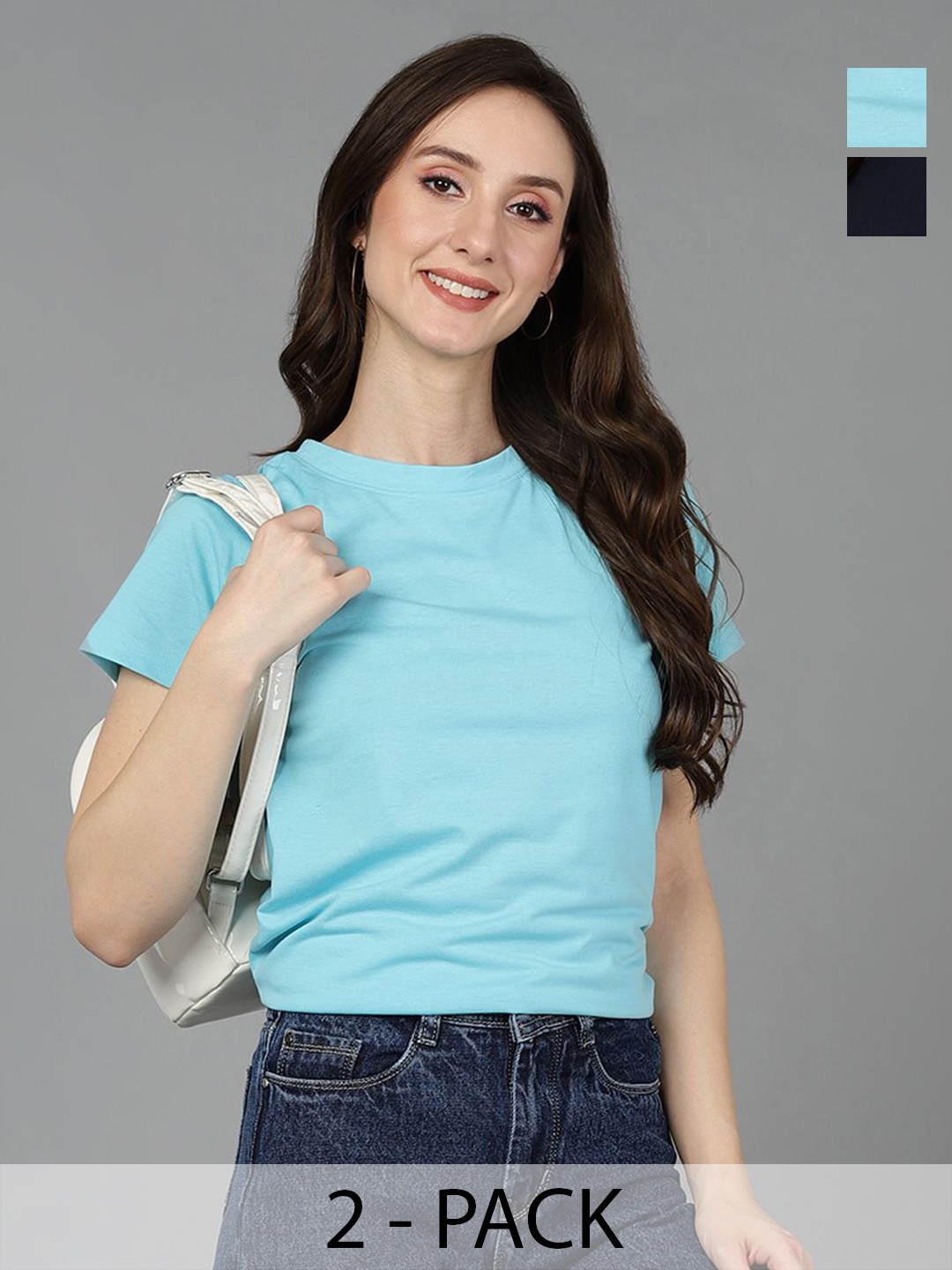 

Adyavastram Women Pack Of 2 Solid Round Neck Cotton T-shirts, Blue