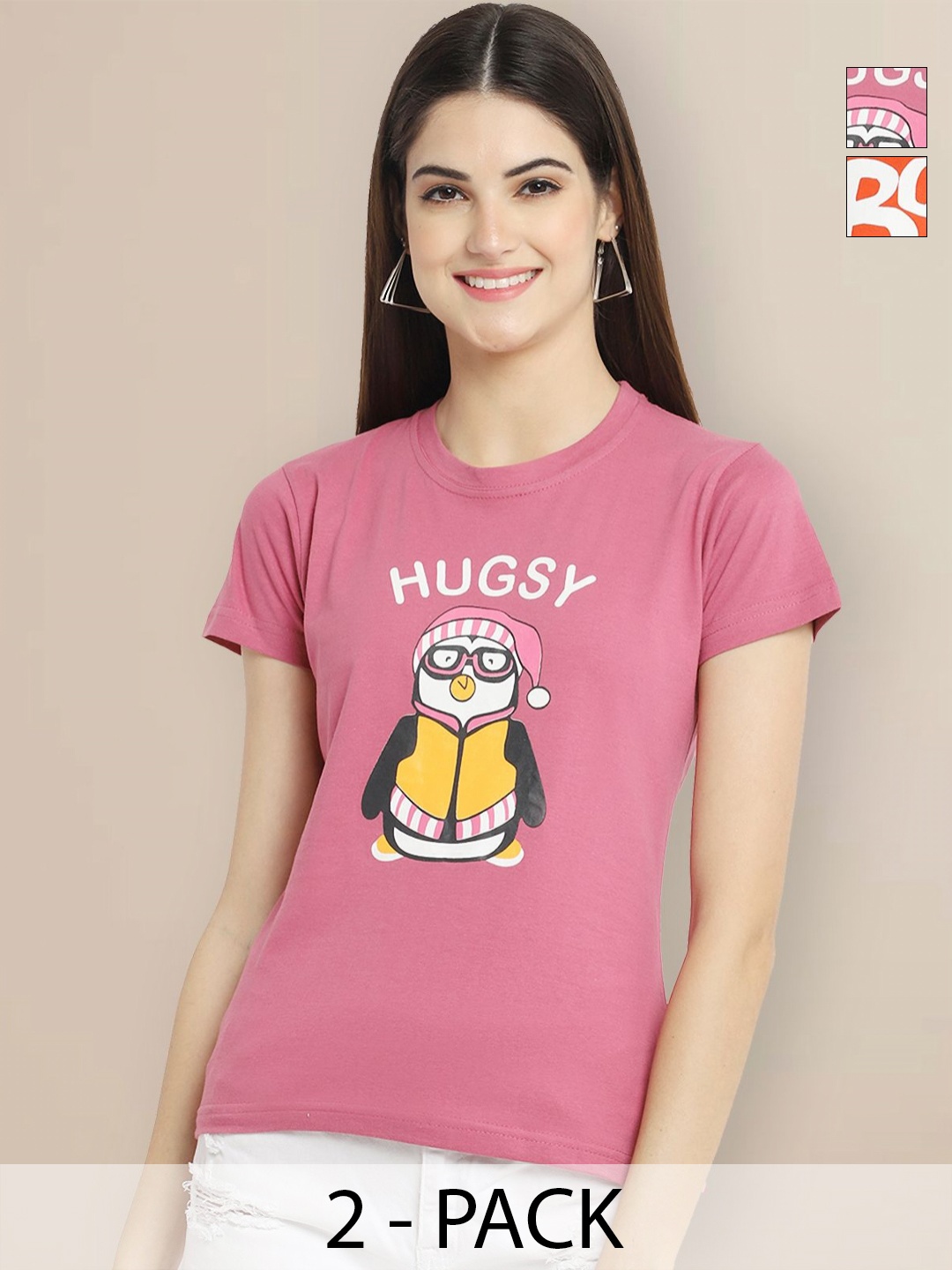 

GLOBAL NOMAD Women Pack of 2 Typography Printed Round Neck Cotton T-shirts, Mauve