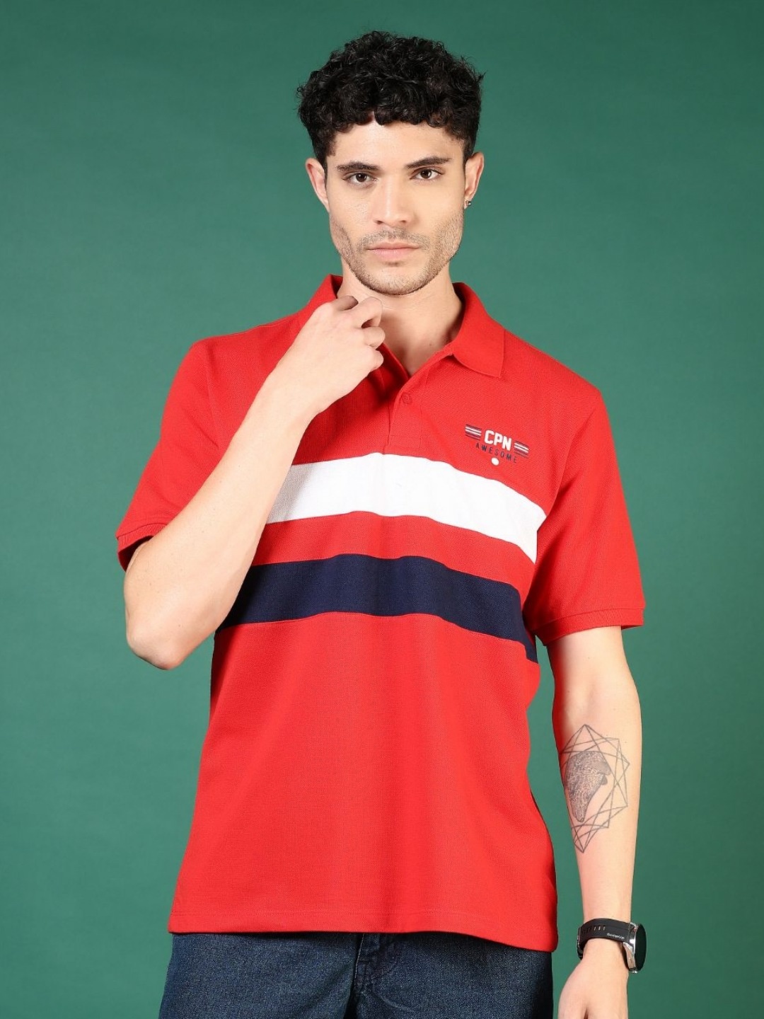 

V-Mart Men Striped Polo Collar Cotton T-shirt, Red