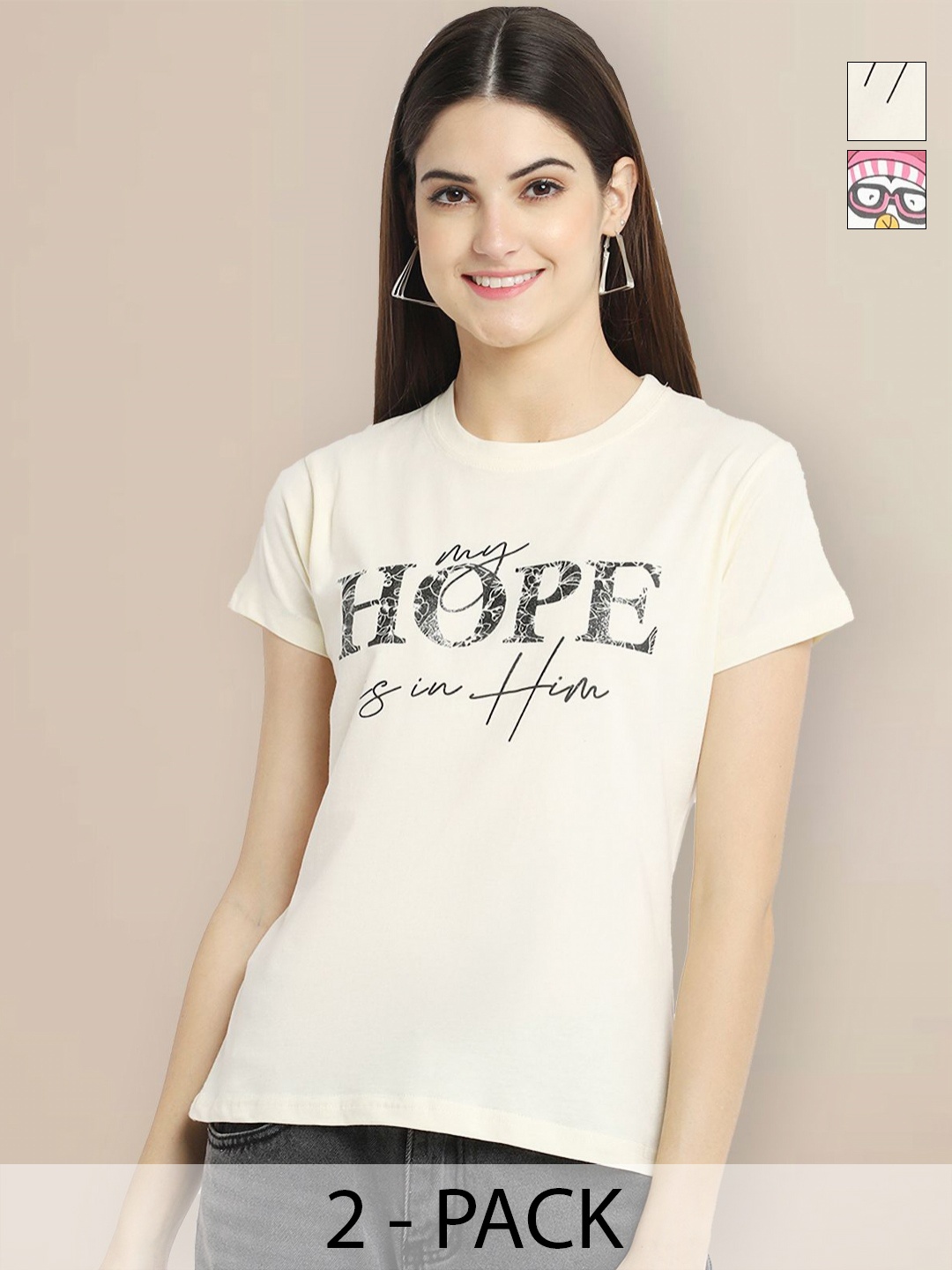 

GLOBAL NOMAD Women Pack of 2 Typography Printed Round Neck Cotton T-shirts, Cream