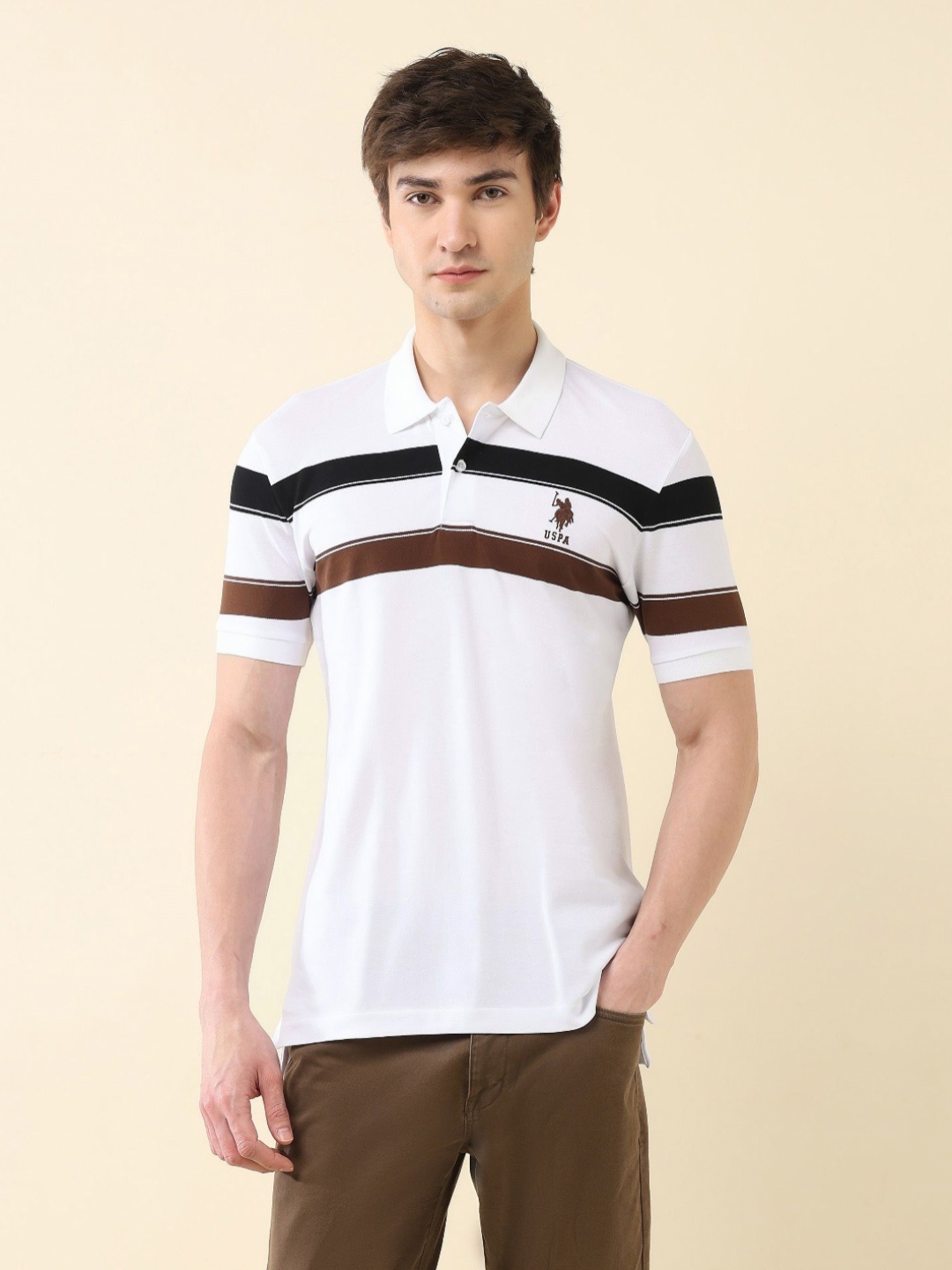 

U.S. Polo Assn. Men Striped Polo Collar Cotton T-shirt, White