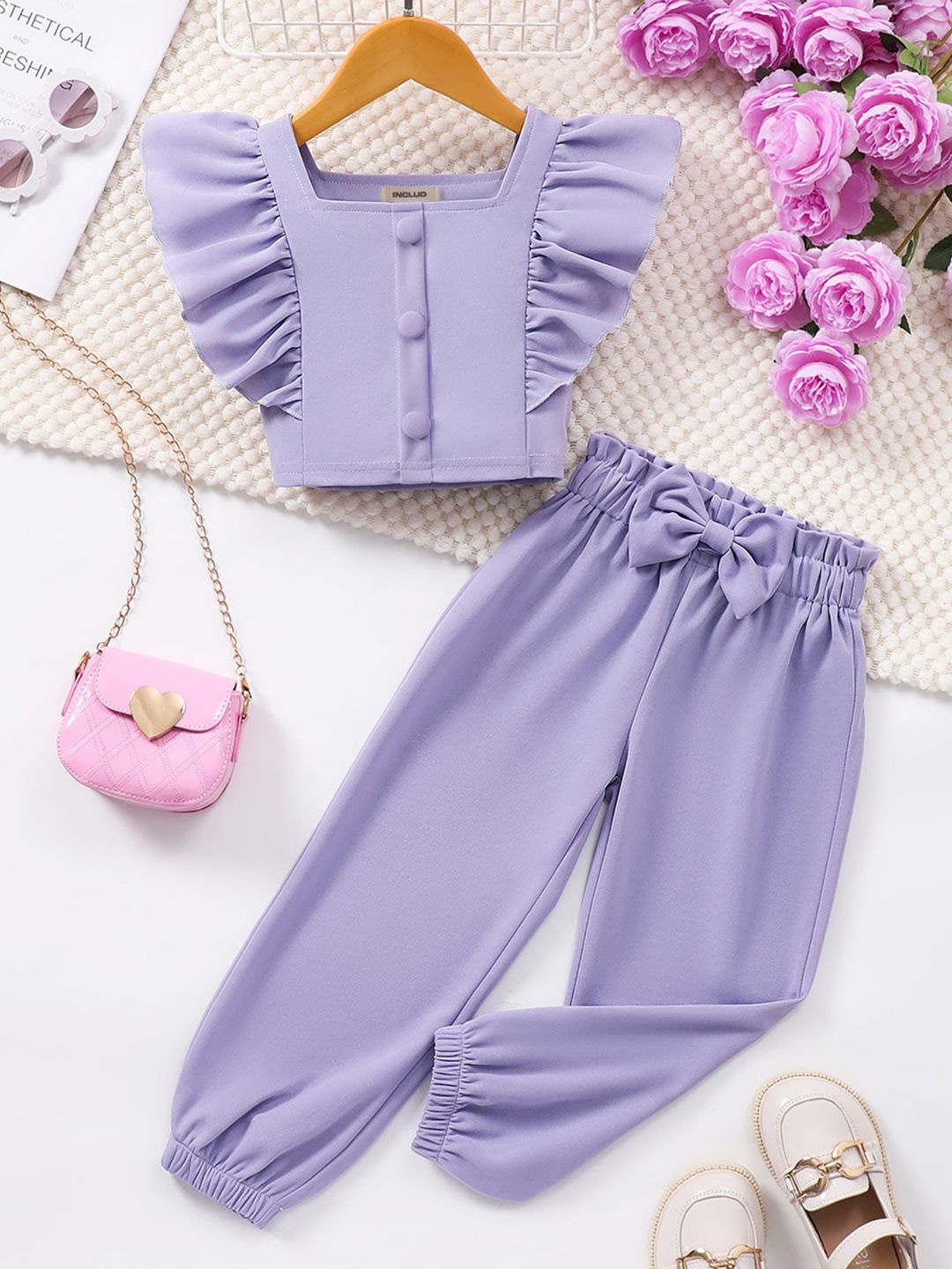 

INCLUD Girls Square Neck Top With Joggers, Purple