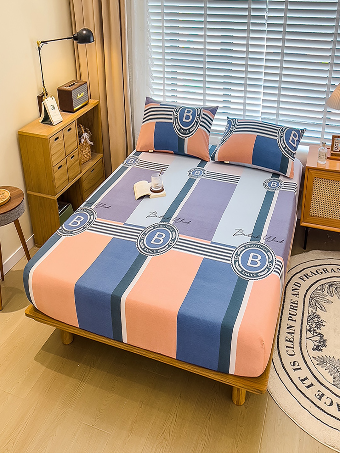

JC HOME Orange & Blue Geometric 220 TC King Bedsheet with 2 Pillow Covers