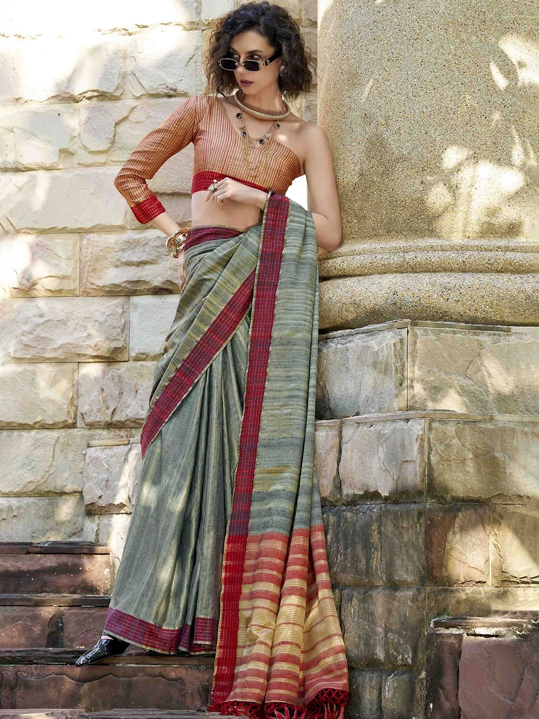

DIVASTRI Striped Saree with Blouse Blouse Piece, Sea green