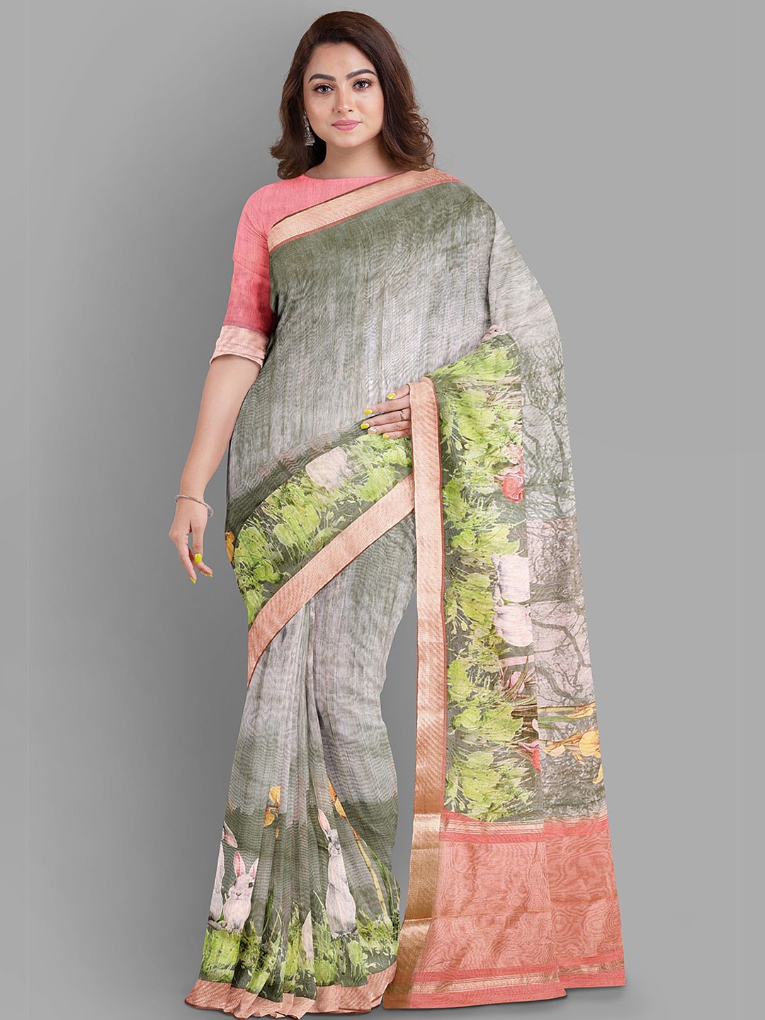 

The Chennai Silks Floral Printed Pure Cotton Chanderi Saree, Grey
