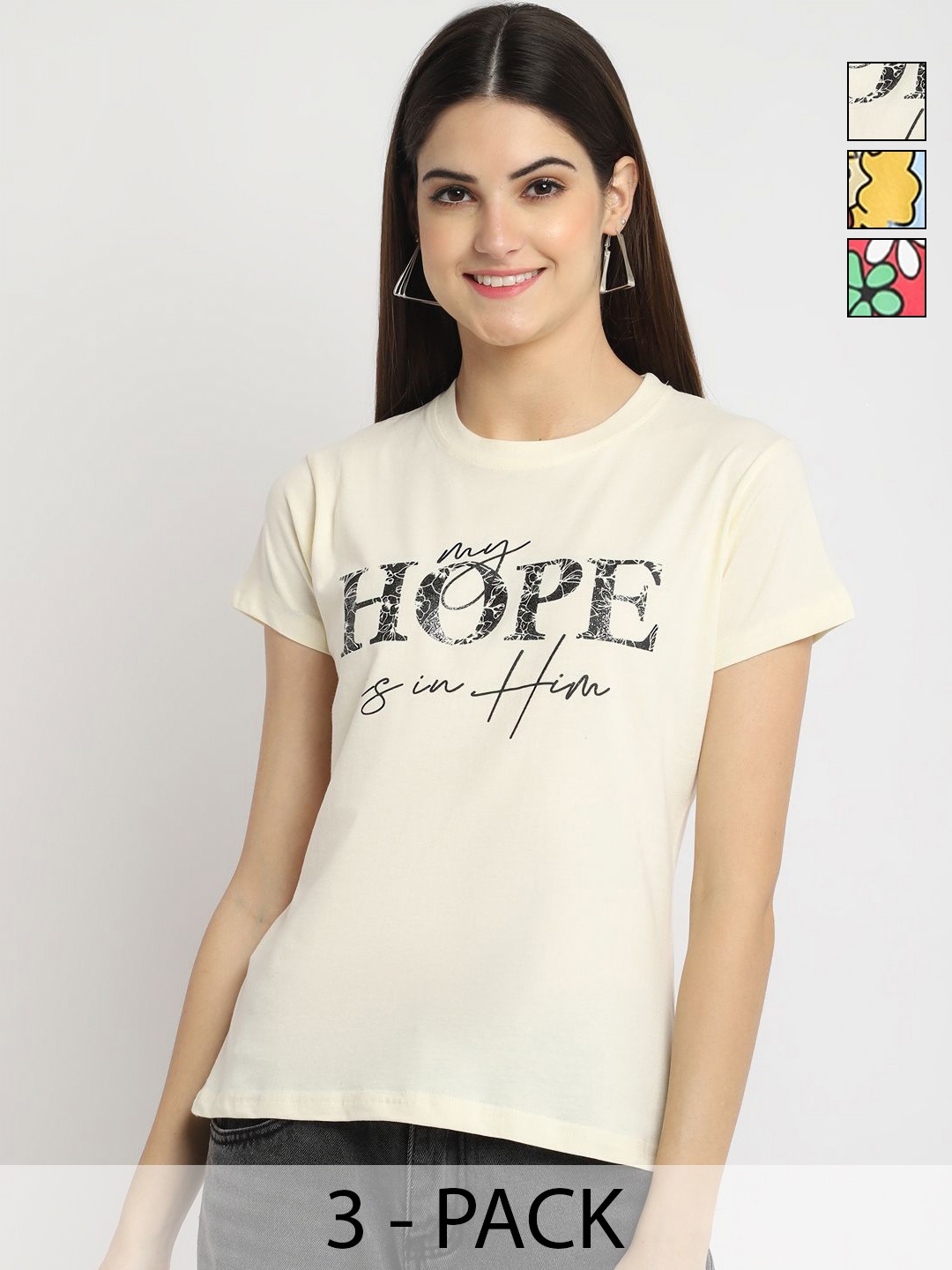 

Dreambe Women Pack of 3 Typography Printed Round Neck Cotton T-shirts, Cream
