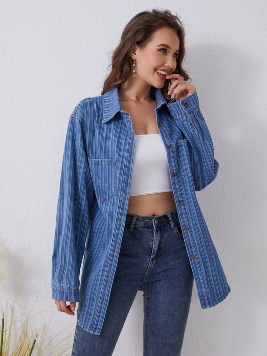 

StyleCast Women Regular Fit Spread Collar Vertical Striped Cotton Casual Shirt, Blue