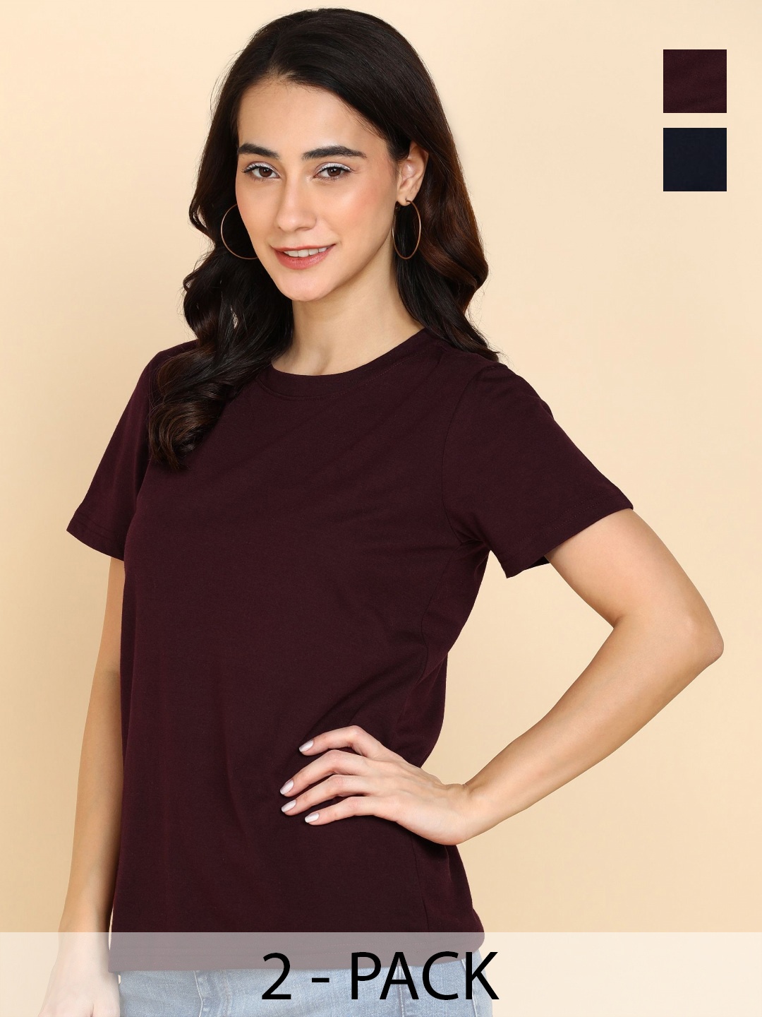 

Adyavastram Women Pack Of 2 Solid Round Neck Cotton T-shirts, Maroon