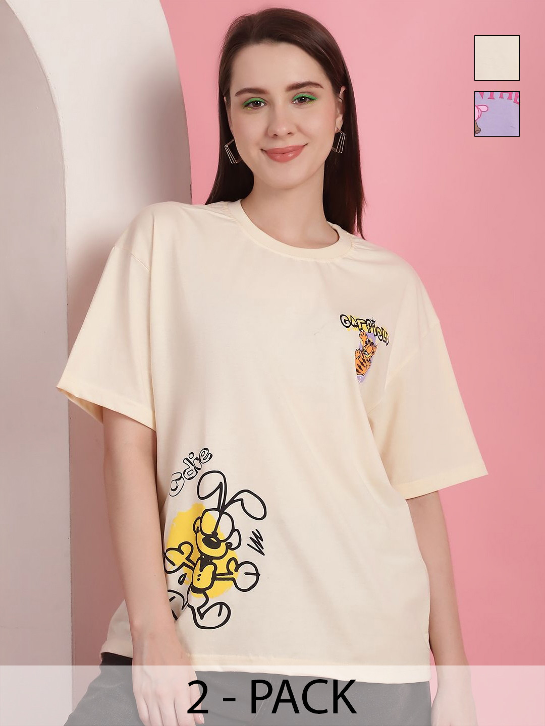 

GLOBAL NOMAD Women Pack Of 2 Garfield Graphic Printed Round Neck Cotton Oversized T-shirts, Cream
