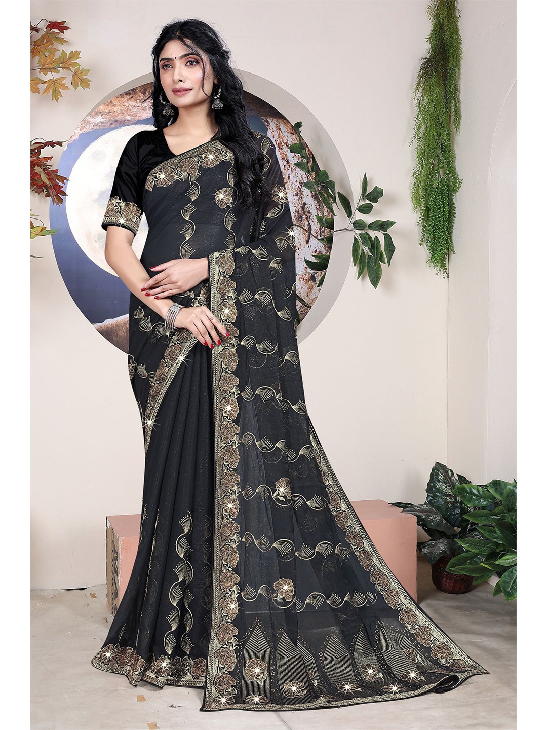 

ANJANI TEXTILE Embellished Tissue Saree, Black