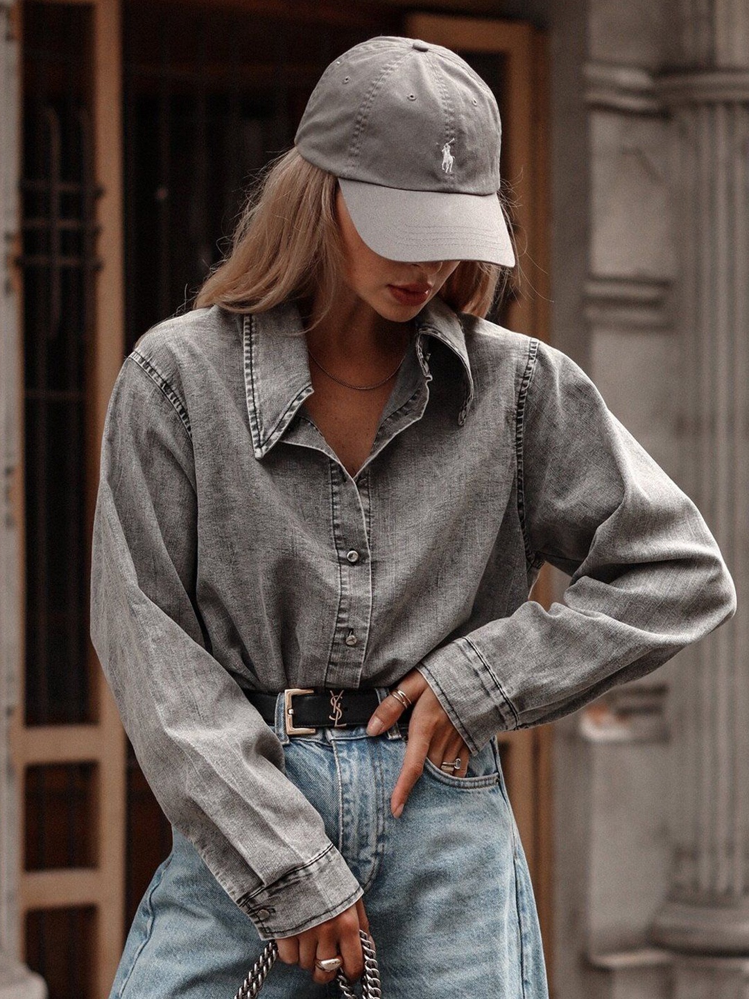 

StyleCast Women Relaxed Fit Spread Collar Solid Cotton Casual Shirt, Grey