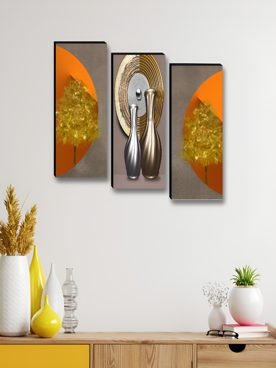 

Myntra Elegant Homes Orange & Gold-Toned 3 Piece Wood Abstract Wall Paintings
