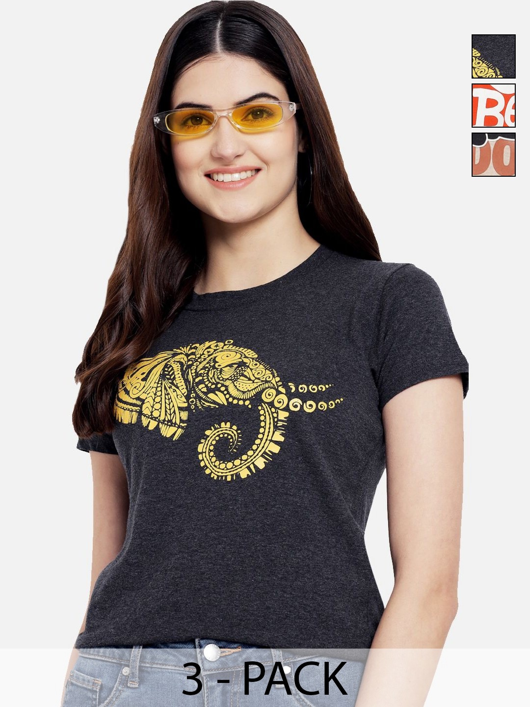 

Dreambe Women Pack of 3 Graphic Printed Round Neck Cotton T-shirts, Charcoal
