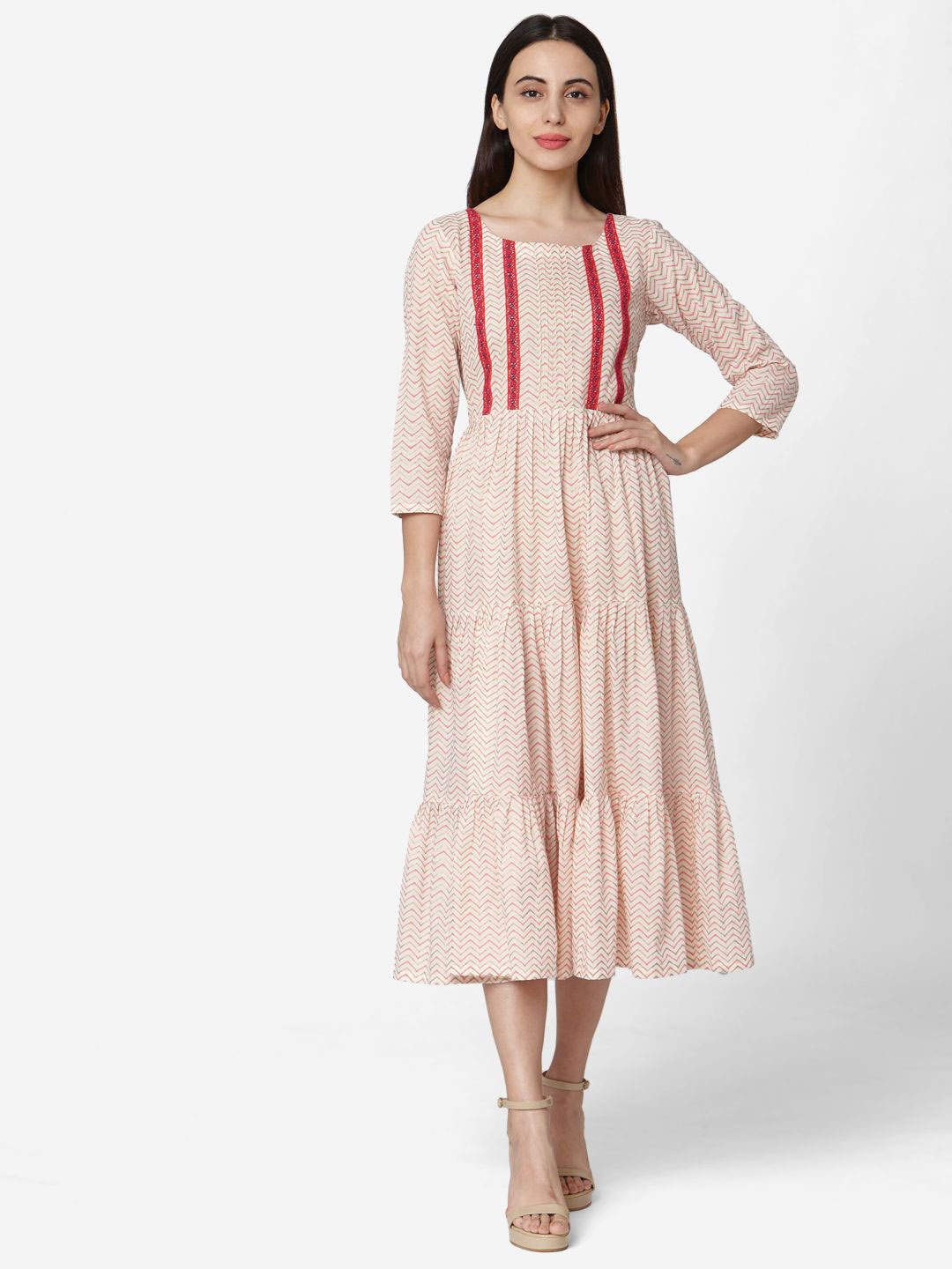 

KALINI Women Striped A-Line Midi Dress, Cream