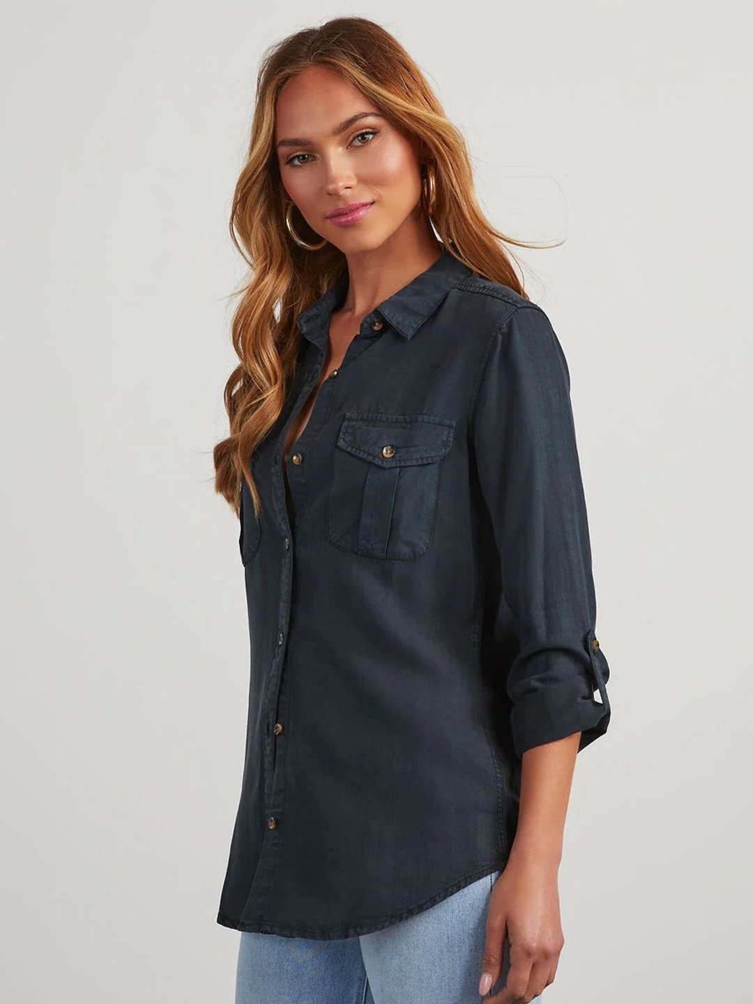 

StyleCast Women Regular Fit Spread Collar Solid Cotton Casual Shirt, Navy blue