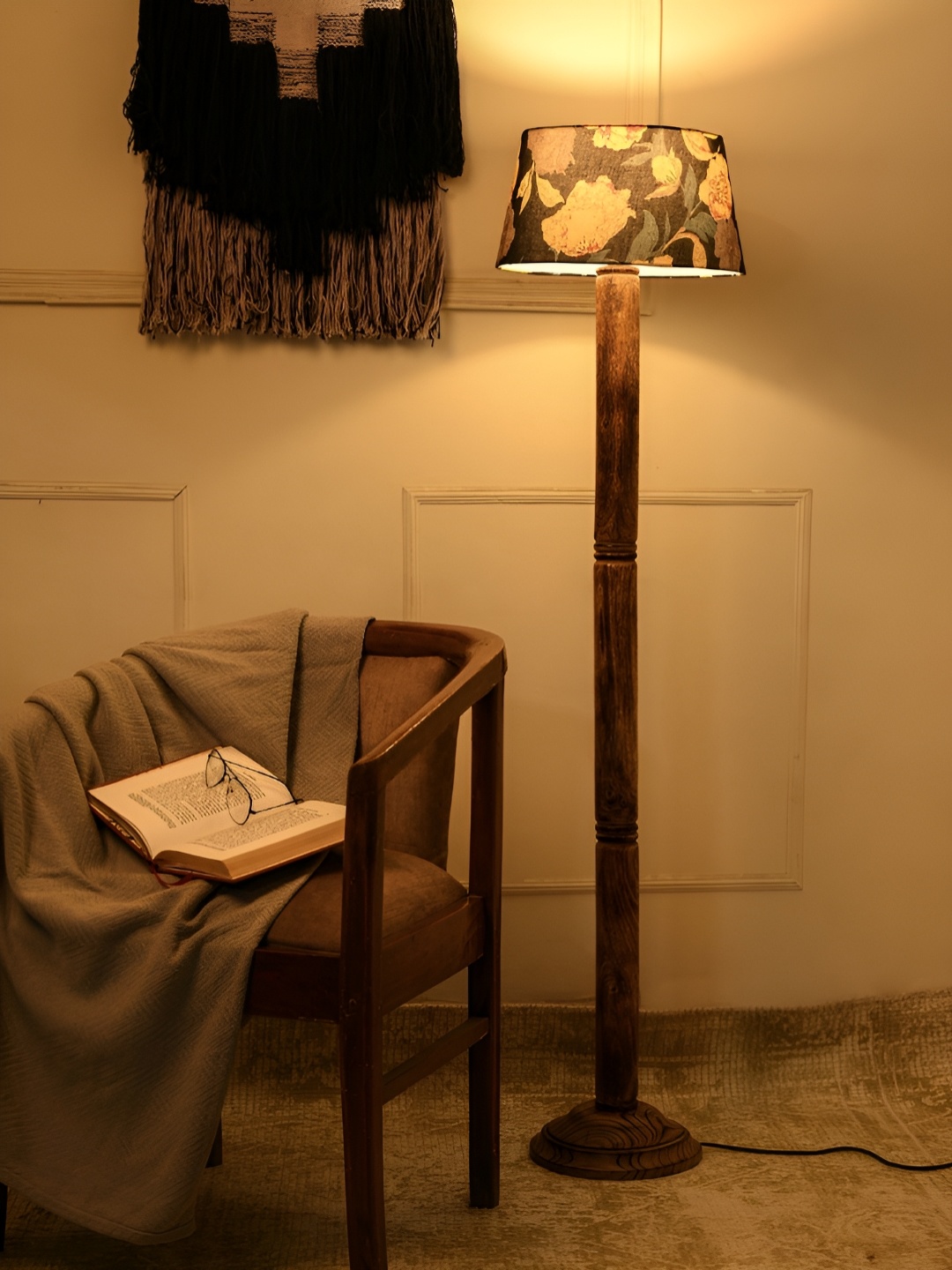 

green girgit Brown & White Printed Wooden Frustum Shaped Floor Lamp