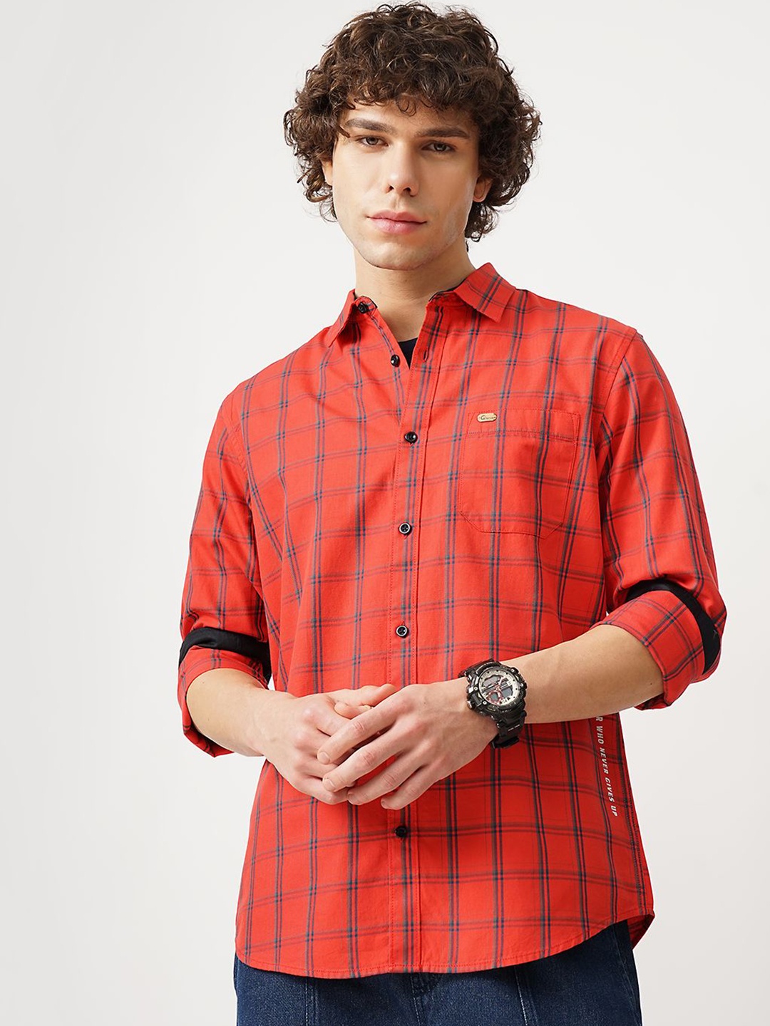 

Genoa Men Classic Slim Fit Tartan Checks Opaque Checked Casual Shirt, Red