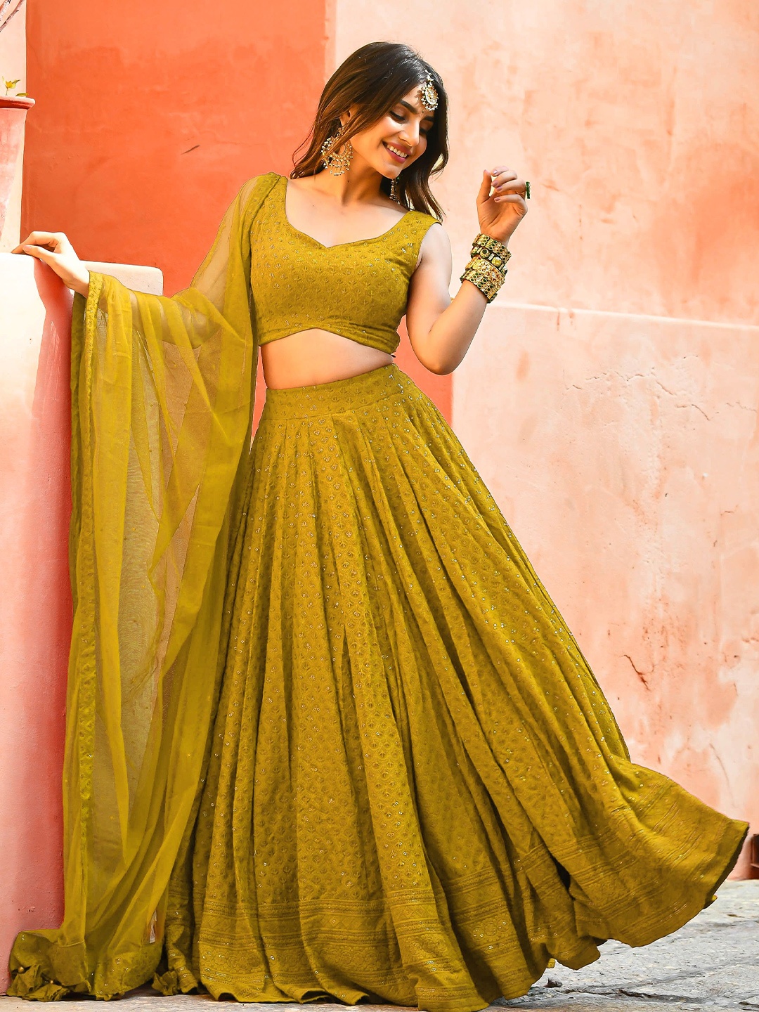 

FABPIXEL Embroidered Semi-Stitched Lehenga & Unstitched Blouse With Dupatta, Yellow