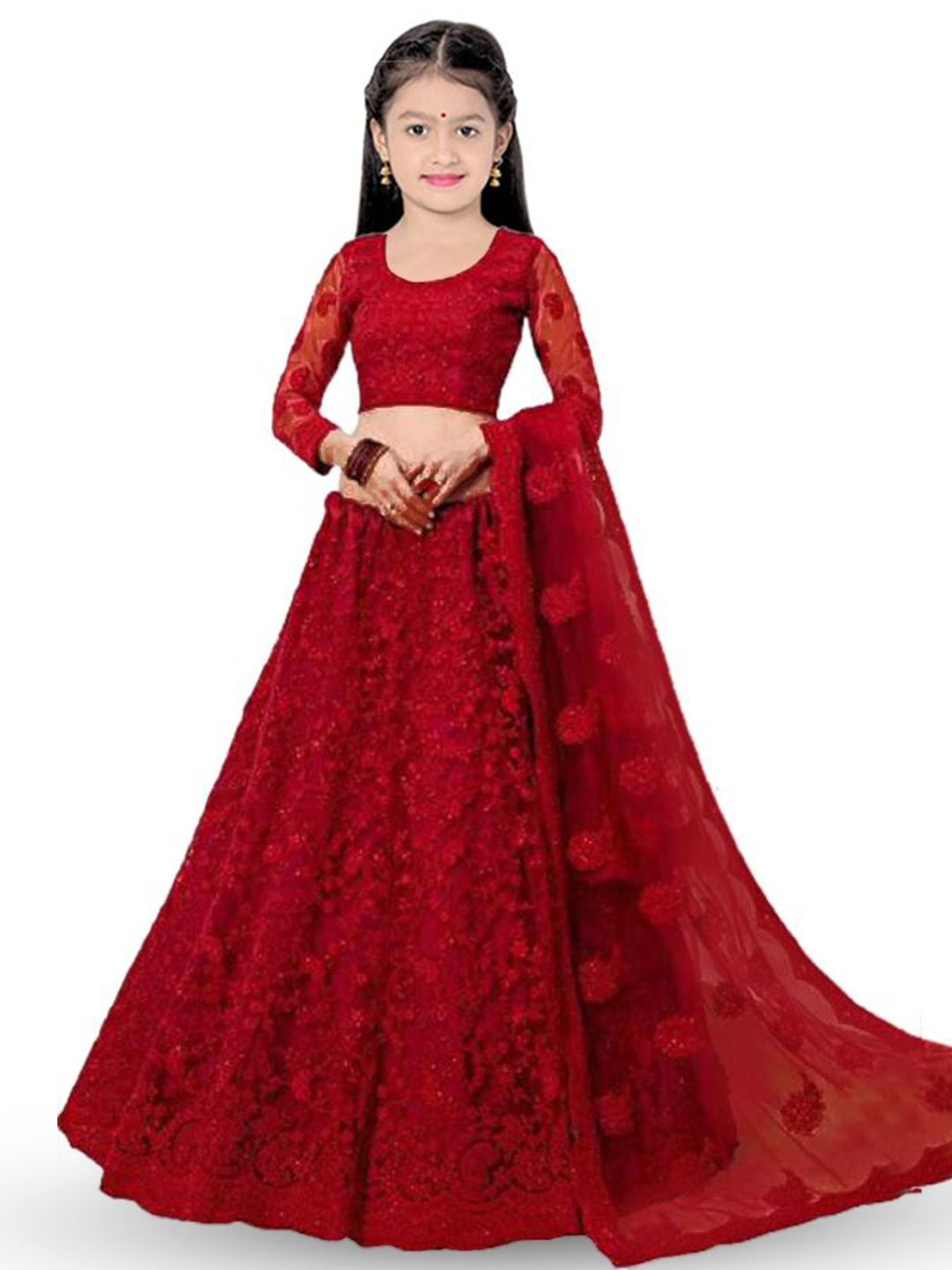 

BAESD Girls Embroidered Thread Work Semi-Stitched Lehenga & Unstitched Blouse With Dupatta, Red