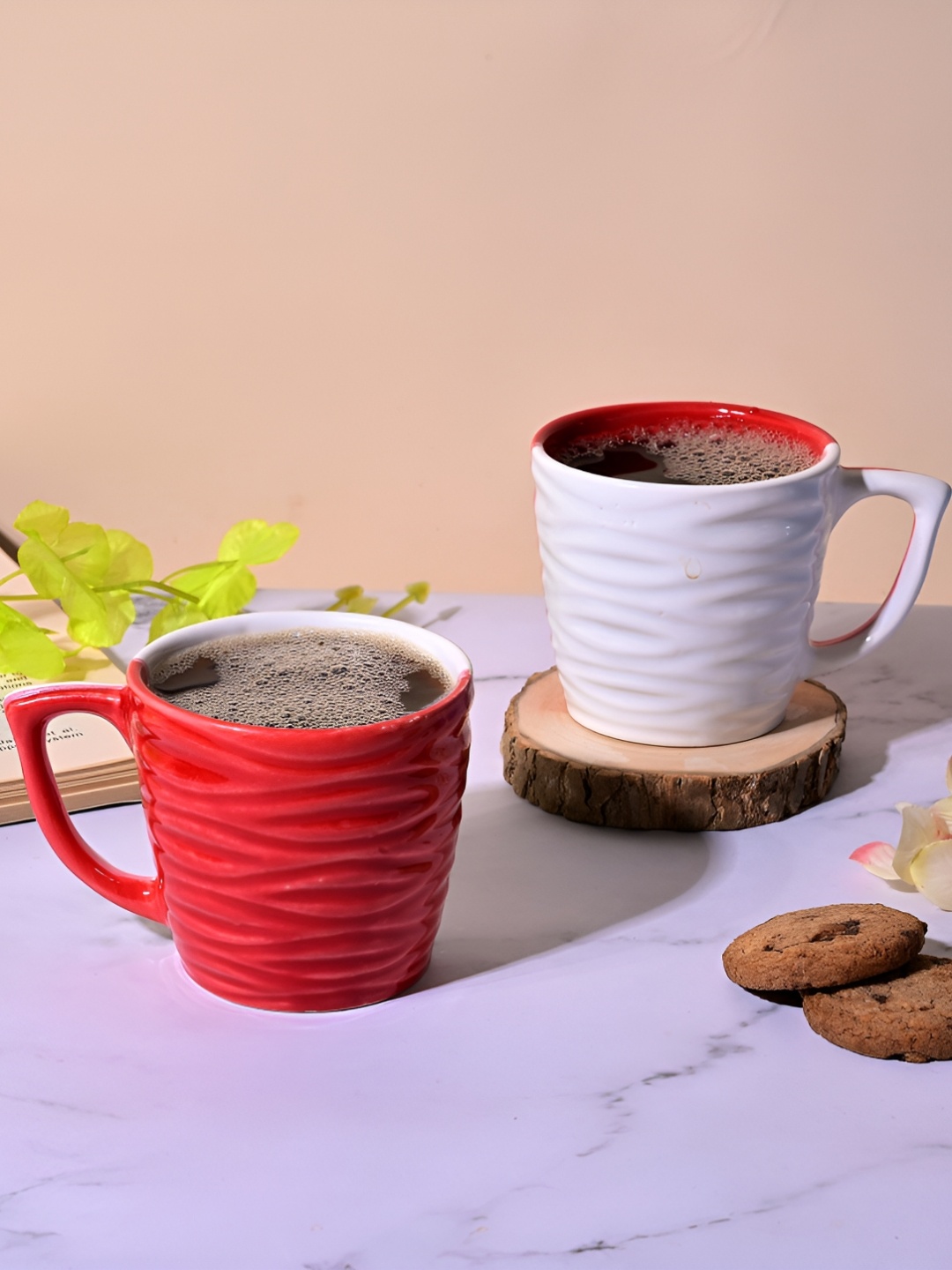 

Storepedia White & Red 2 Pieces Textured Ceramic Matte Cups 150ml Each