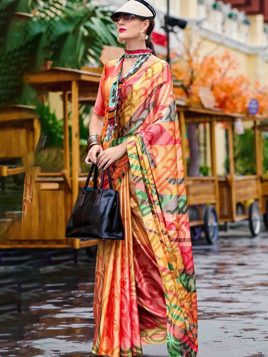 

KIMISHA Women Abstract Printed Satin Saree, Orange