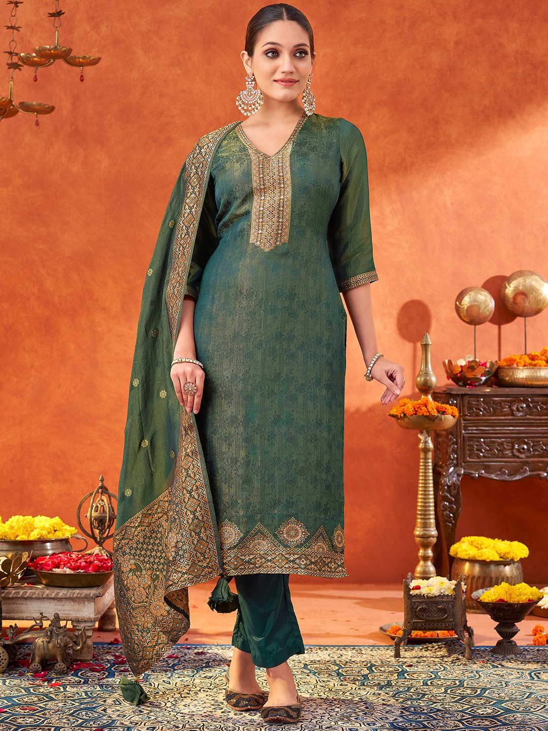 

KALINI Woven Design Thread Work V-Neck Pure Silk Jacquard Kurta & Trousers & Dupatta, Teal