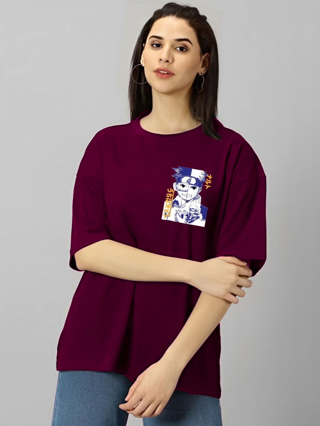 

LECOWAR Women Naruto Graphic Printed Round Neck Cotton Oversized T-shirt, Maroon