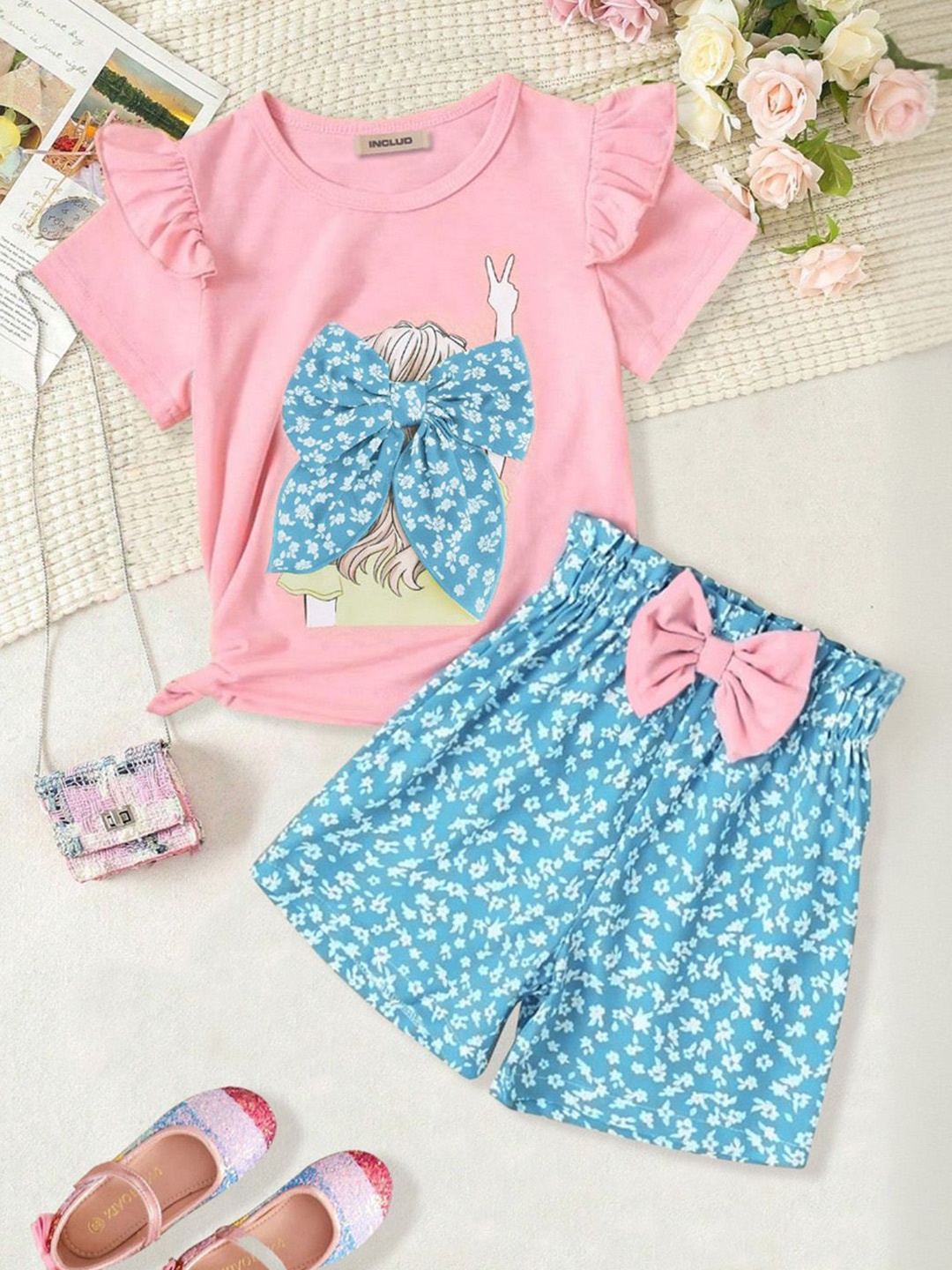 

INCLUD Girls Floral Printed T-shirt with Shorts, Pink
