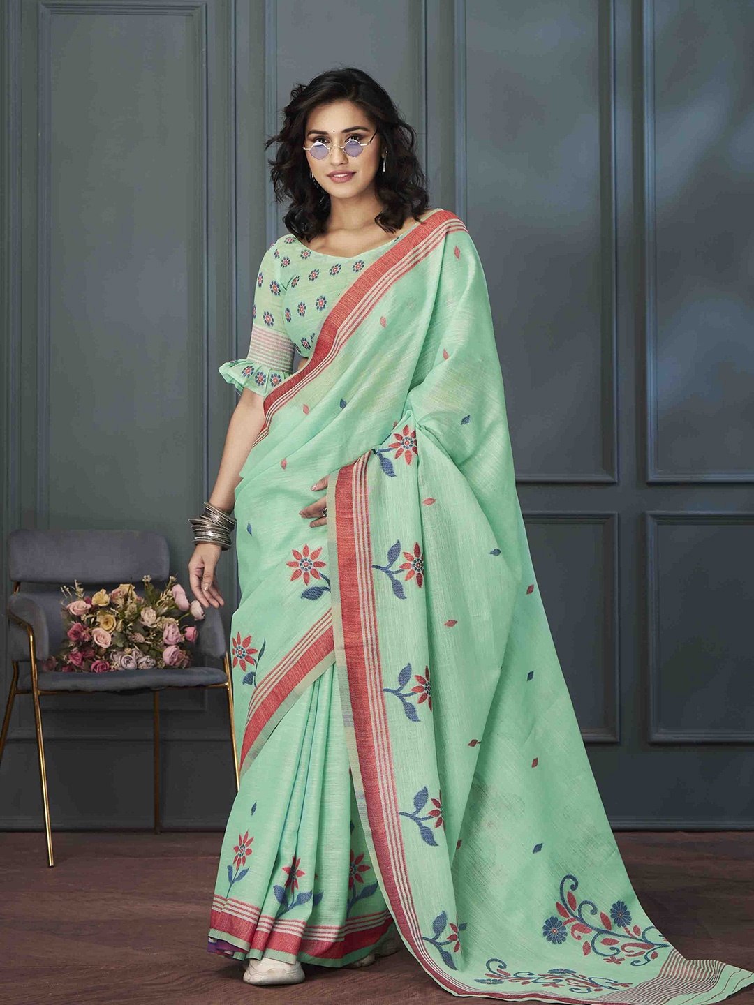 

KIMISHA Woven Design Saree, Sea green