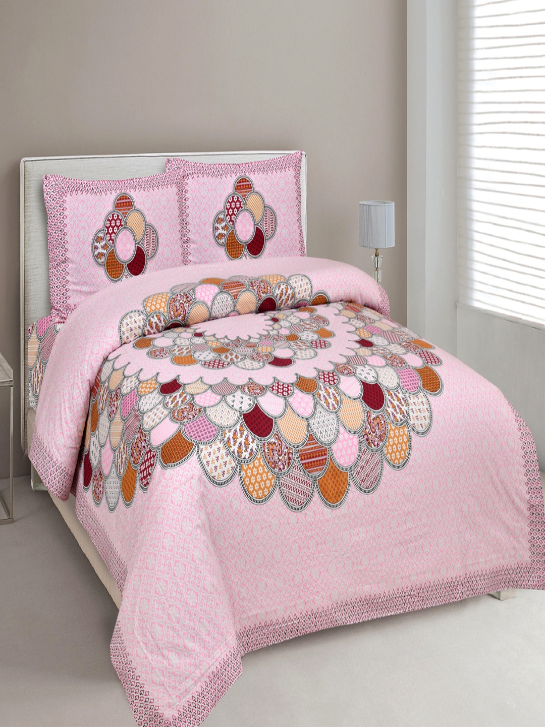

Cosito Pink & Orange Ethnic Motifs 144 TC Queen Bedsheet with 2 Pillow Covers