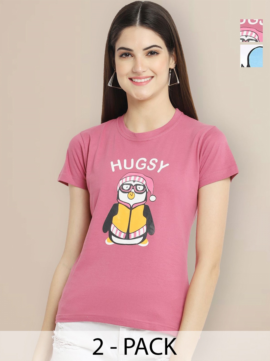 

GLOBAL NOMAD Pack Of 2 Typography Printed Round Neck Short Sleeves Cotton T-shirt, Pink