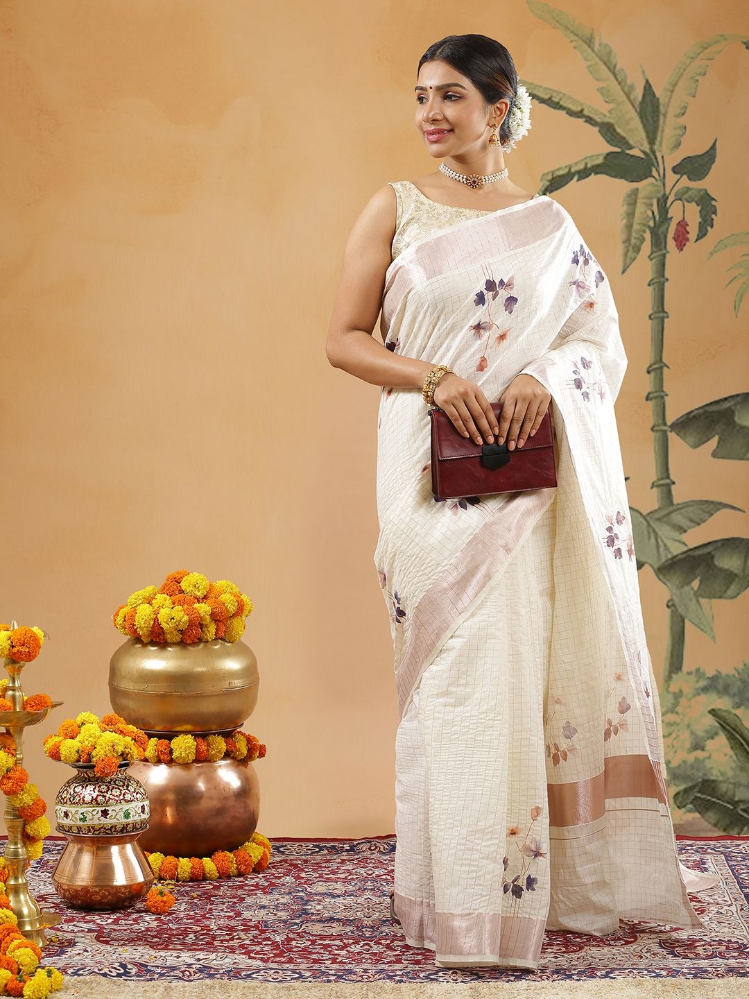 

Kalyan Silks Floral Printed Zari Pure Cotton Kasavu Saree, Off white