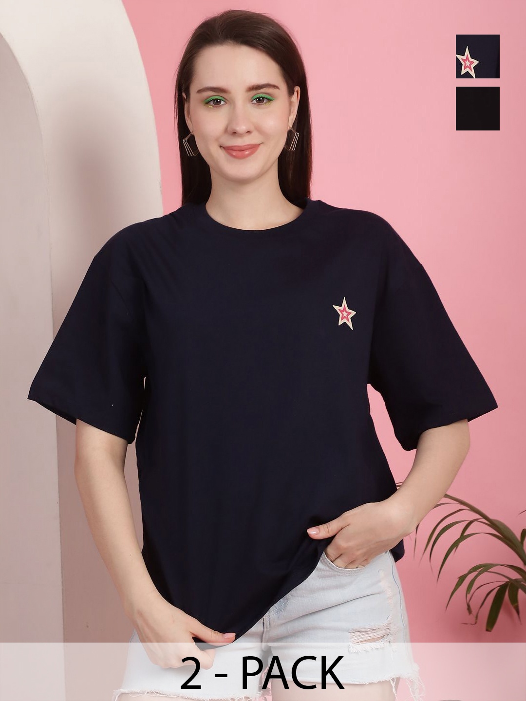

GLOBAL NOMAD Women Pack Of 2 Graphic Printed Round Neck Cotton Oversized T-shirts, Navy blue
