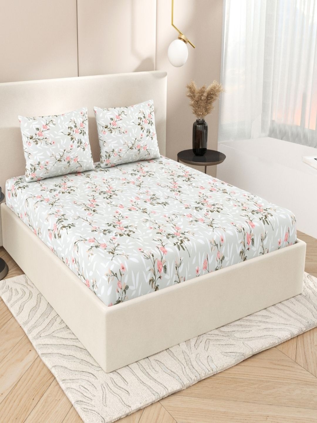 

Jaipur Weaves Grey & Pink Floral King Bedsheet with 2 Pillow Covers