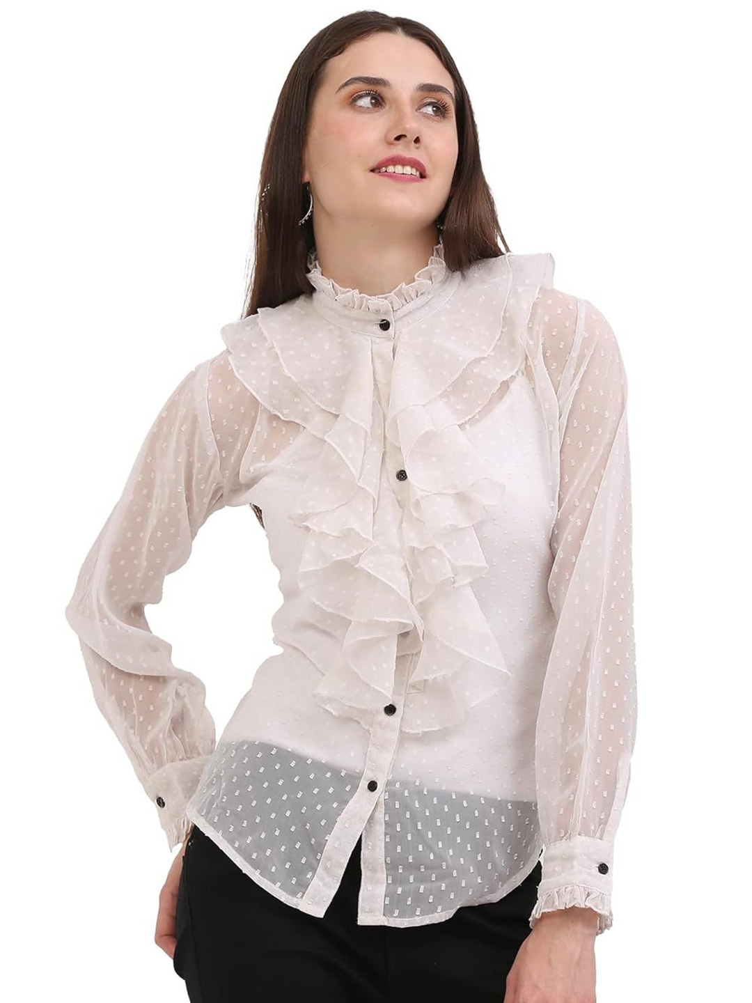 

Tishani Women Mandarin Collar Georgette Top, White