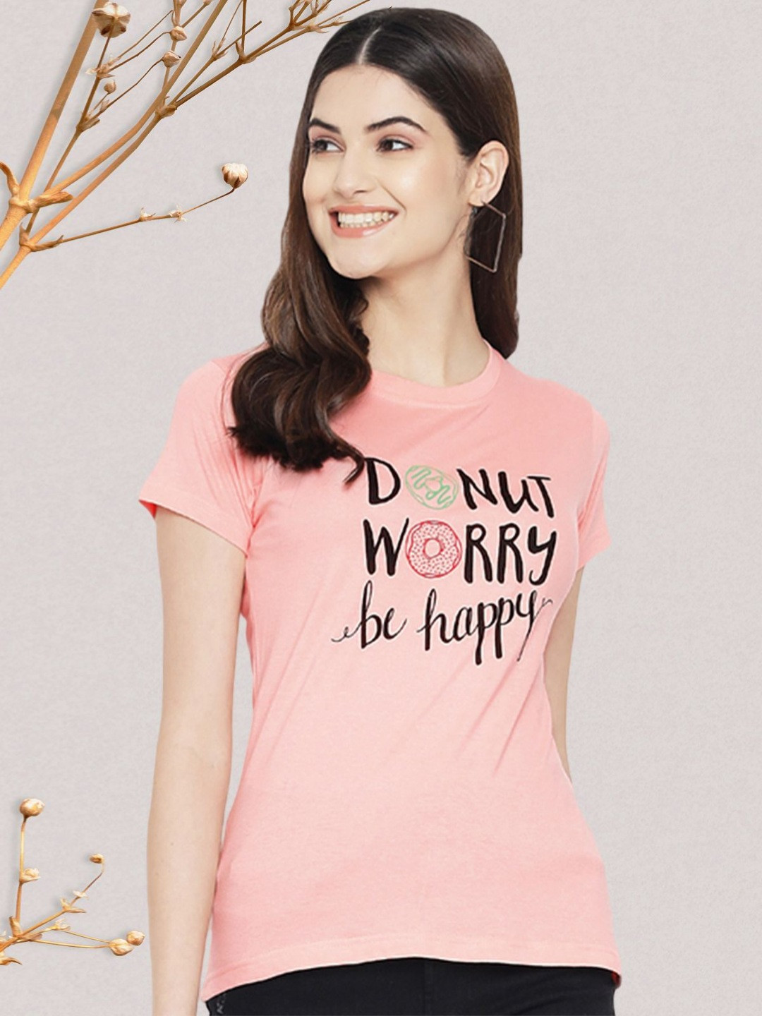 

Dreambe Women Typography Printed Round Neck Short Sleeve Pure Cotton Casual T-Shirt, Peach