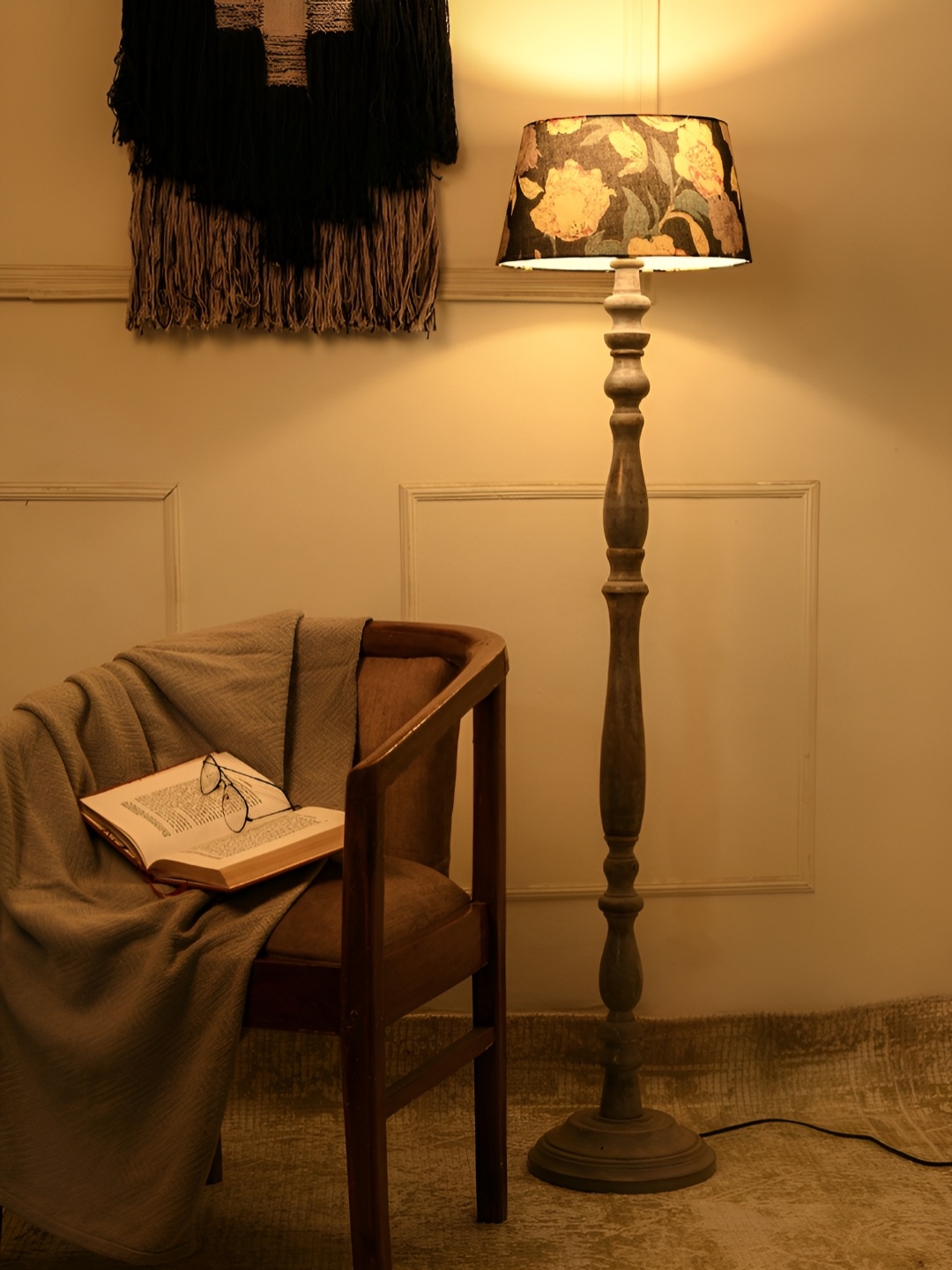 

green girgit Grey & Black Floral Printed Wooden Frustum Shaped Floor Lamp