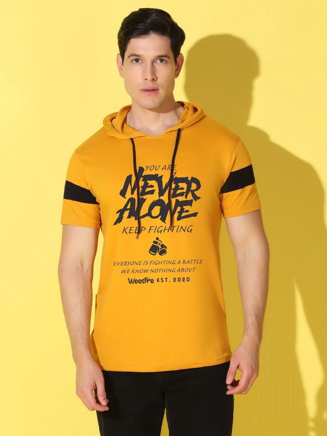 

WOOSTRO Men Typography Printed Hooded Slim Fit T-shirt, Mustard