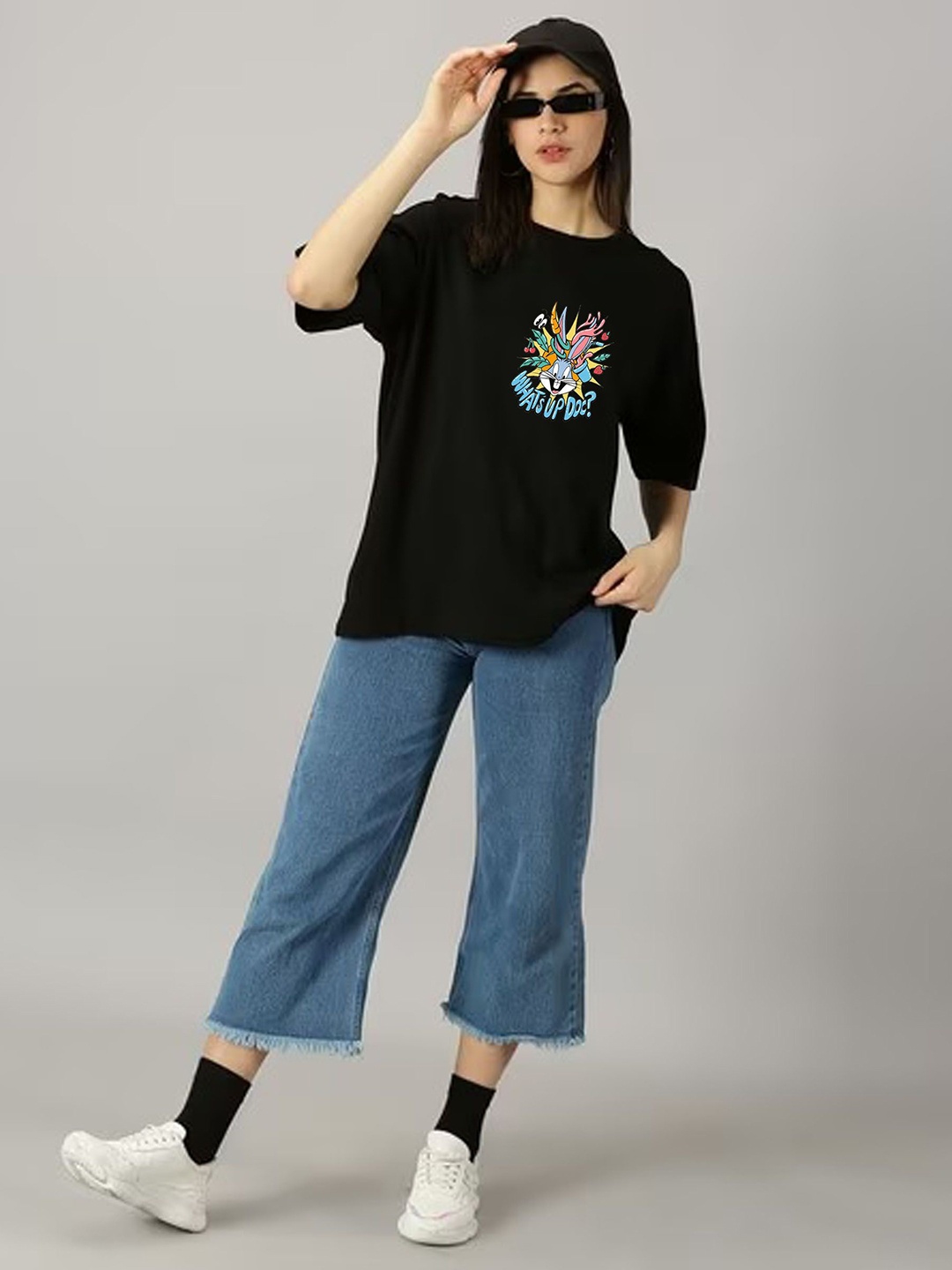 

LECOWAR Women Graphic Printed Round Neck Cotton Oversized T-shirt, Black