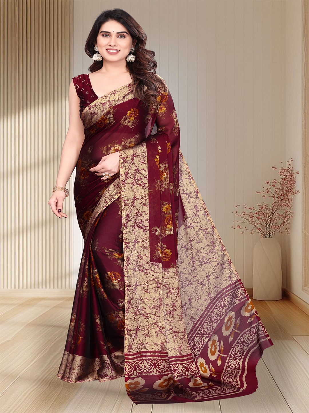 

SUPERLAXMI Floral Printed Pure Chiffon Saree, Maroon