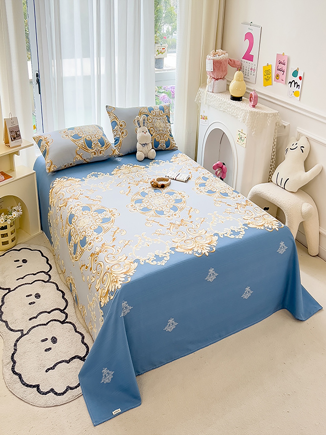 

JC HOME Grey & Blue Floral 140 TC Single Bedsheet with 1 Pillow Covers