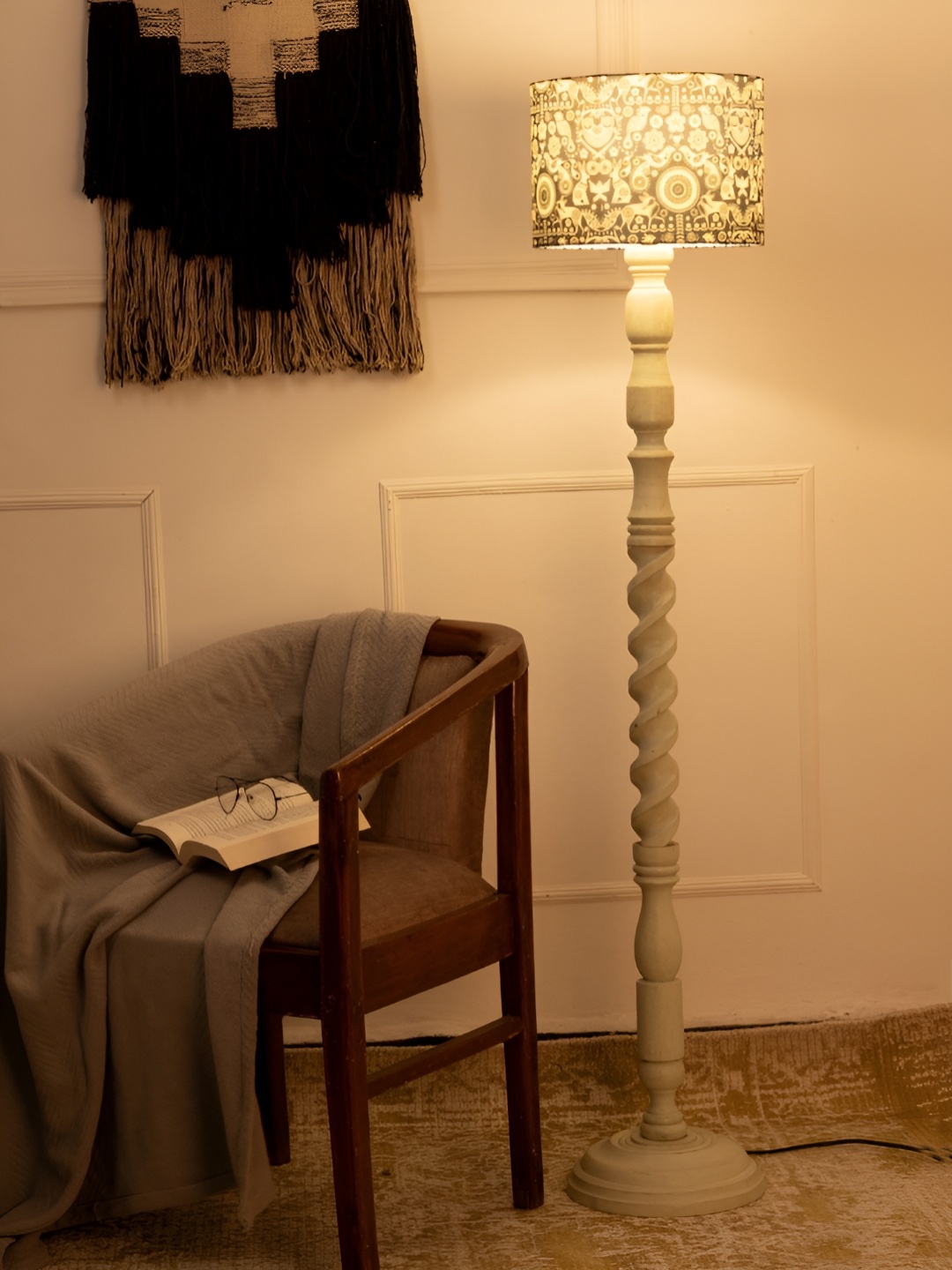 

green girgit Olive Green & White Printed Wooden Jute Cylinder Shaped Floor Lamp