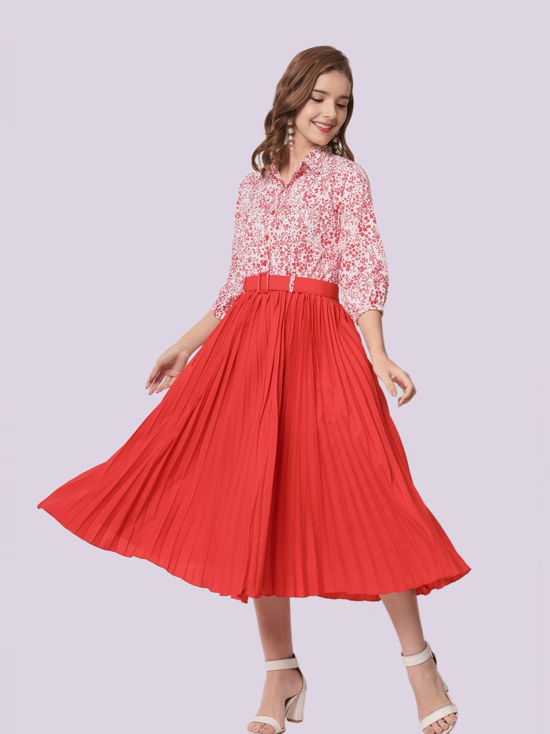 

OTABU Girls Floral Printed A-Line Dress, Red