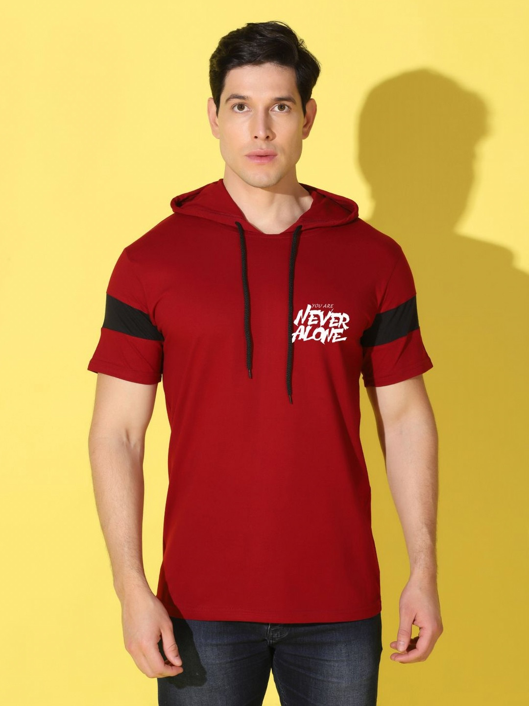 

WOOSTRO Men Typography Printed Hooded Slim Fit T-shirt, Maroon
