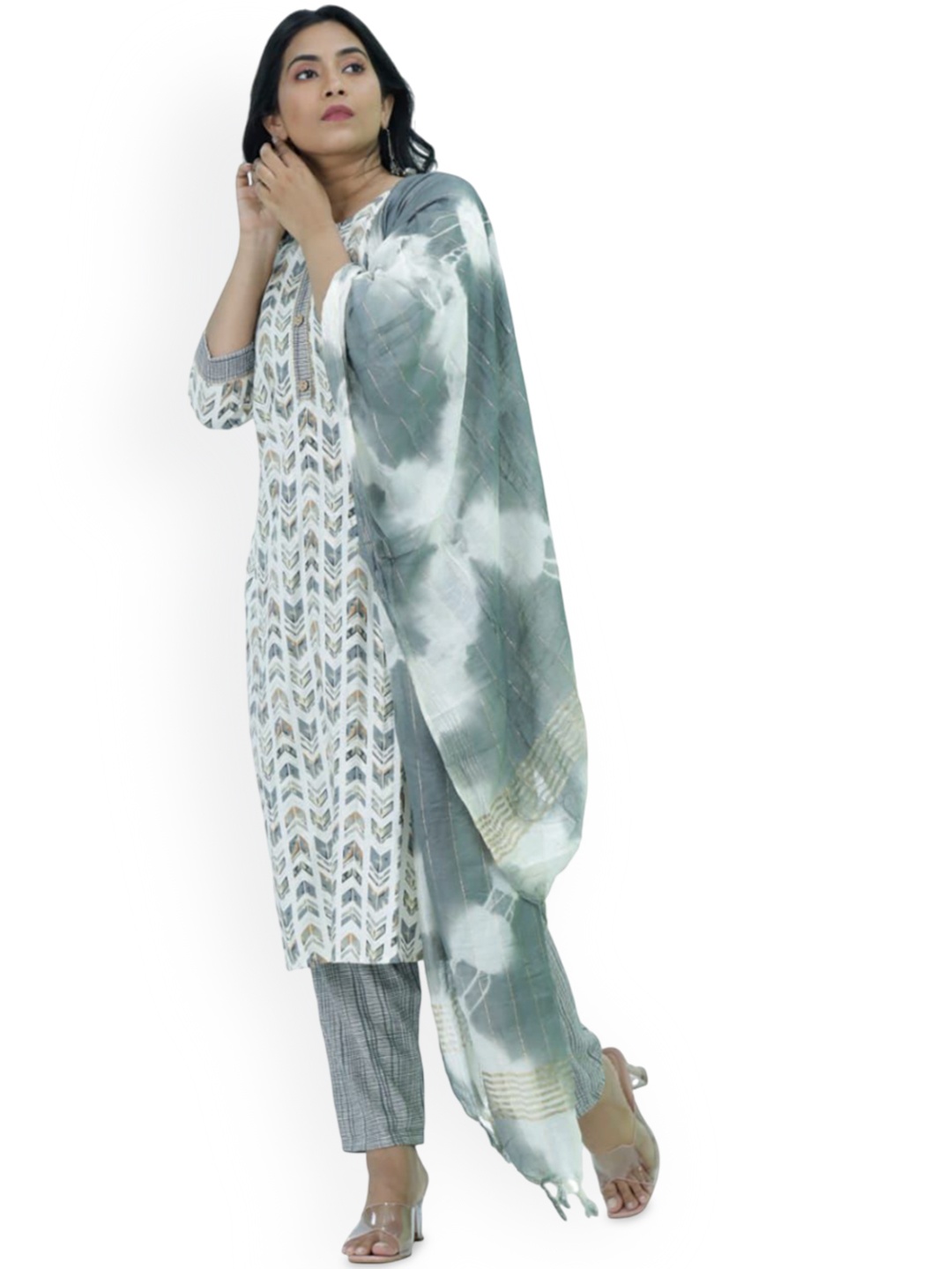 

Silselah Geometric Printed Round Neck Straight Kurta With Trousers & Dupatta, White